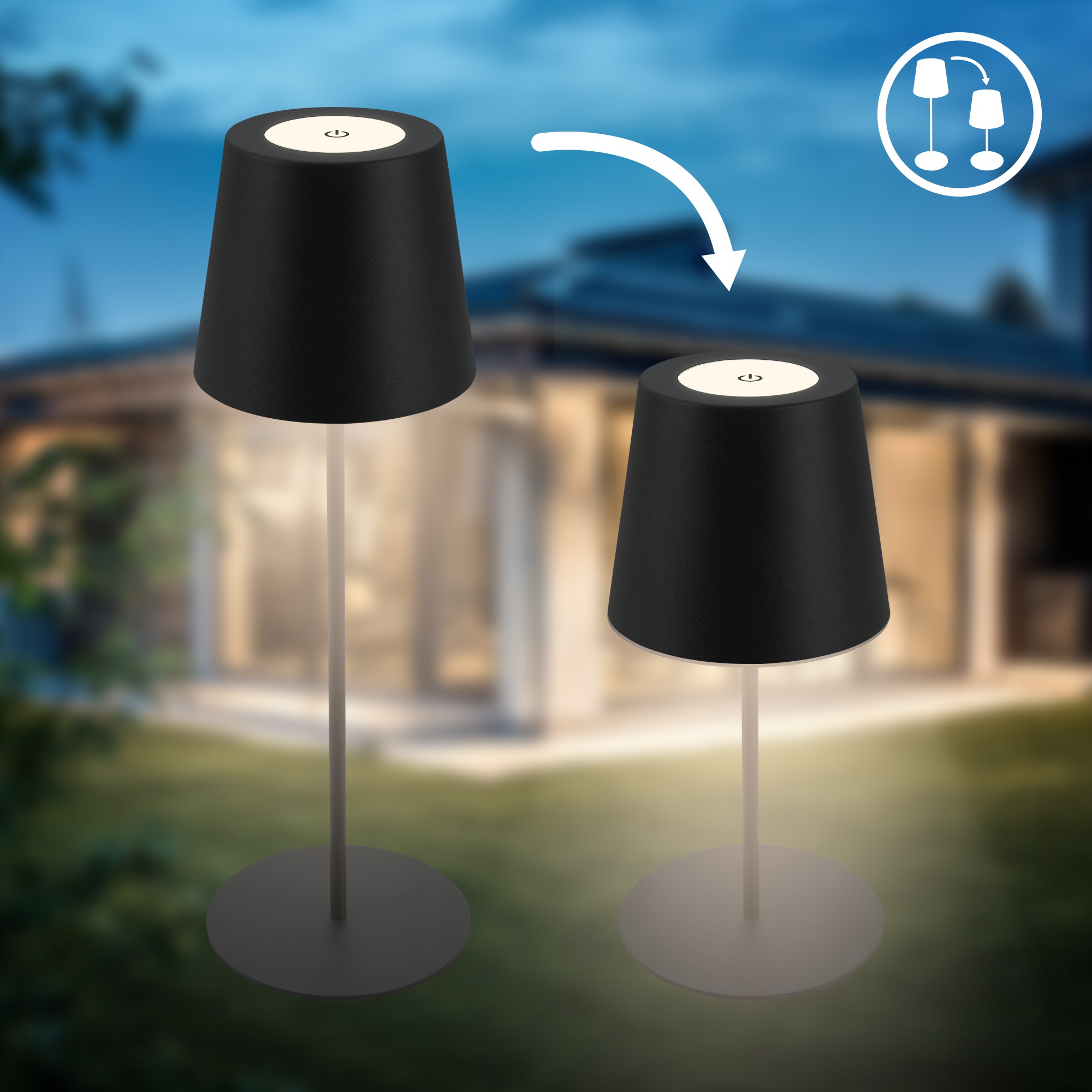 B.K.Licht Außen-Tischleuchte »BK_TL1595 Akku LED Tischlampe, 3-Stufen Touchdimmer, mit USB«, 1 flammig, Leuchtmittel LED-Modul | LED fest integriert, 2.700 K, 200 Lm, 2,5W, IP44, 12h Leuchtdauer, 36 x 10,5 cm, Schwarz