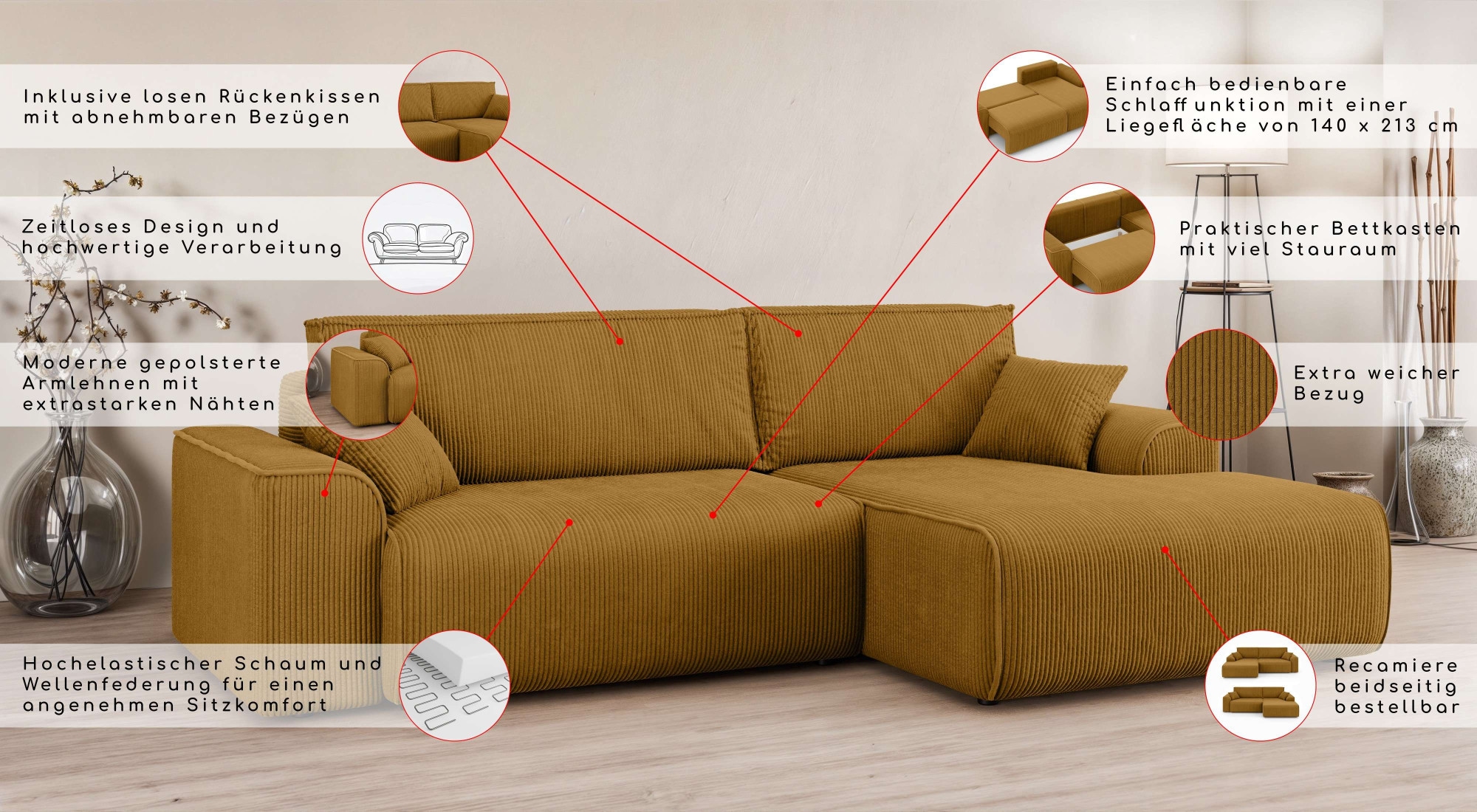 Home affaire Ecksofa »Santenay mit Bettfunktion und Bettkasten, Maße: B/T/H 266/164/90 cm«, L-Form mit Wellenfederung, Schlaffläche: 140x213 cm, auch in Cord
