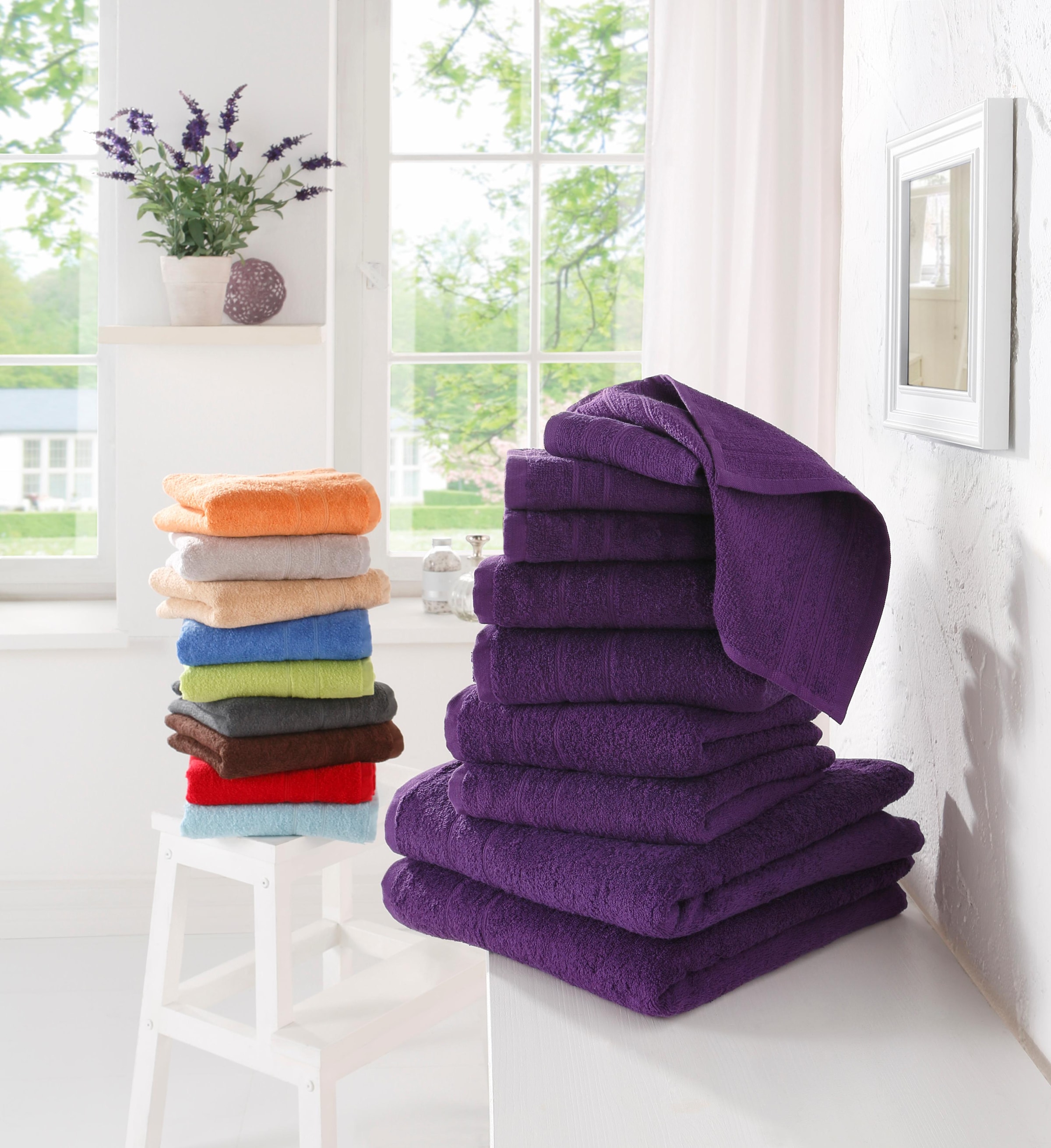 my home Handtuch Set »Inga, Duschtücher, Handtücher, Gästetücher, Seiftücher«, 10 tlg., Walkfrottee, Handtücher mit feiner Bordüre, 100% Baumwolle, einfarbig, weich