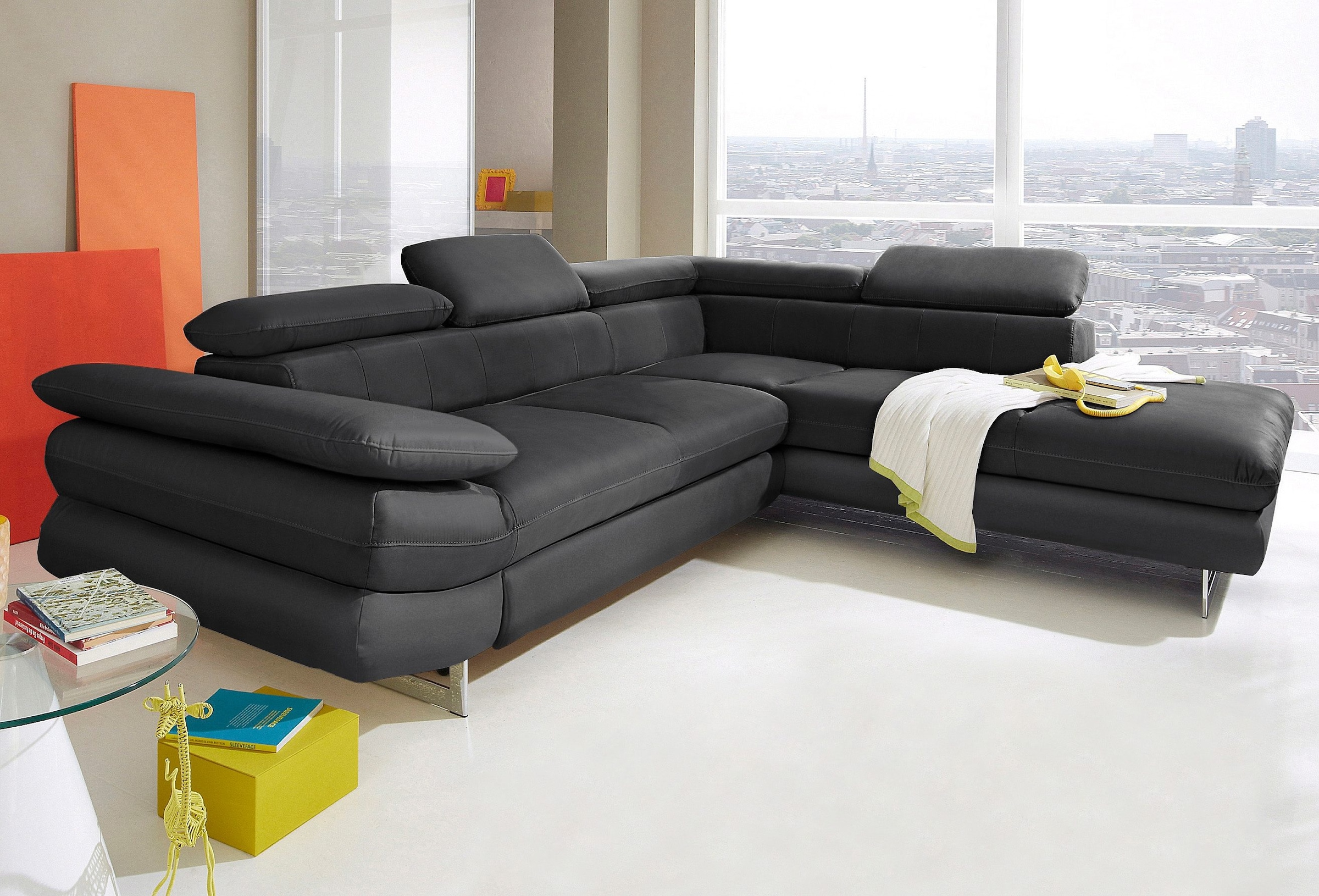 COTTA Ecksofa "Solution L-Form, Design Sofa, bequeme Wellenunterfederung, Design Fuß" mit Arm- & Kopfteilverstellung, wahlweise mit Schlaffunktion