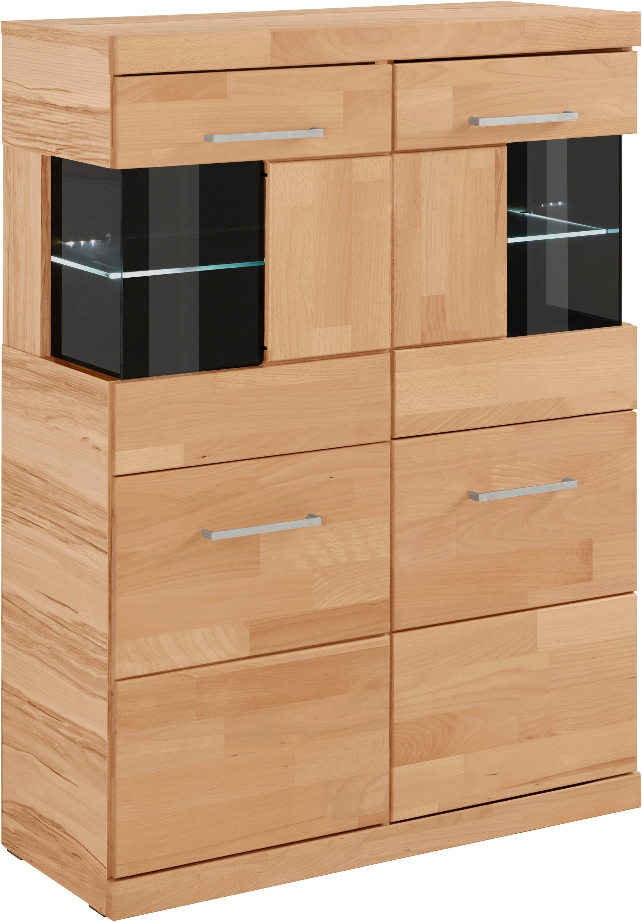 OTTO home Highboard "Ribe,85cm breit,115cm hoch, Fronten Massivholz,4 breite Fächer" Korpus Holzwerkstoff,2Türen mit Glaseinsatz, Böden versetzbar