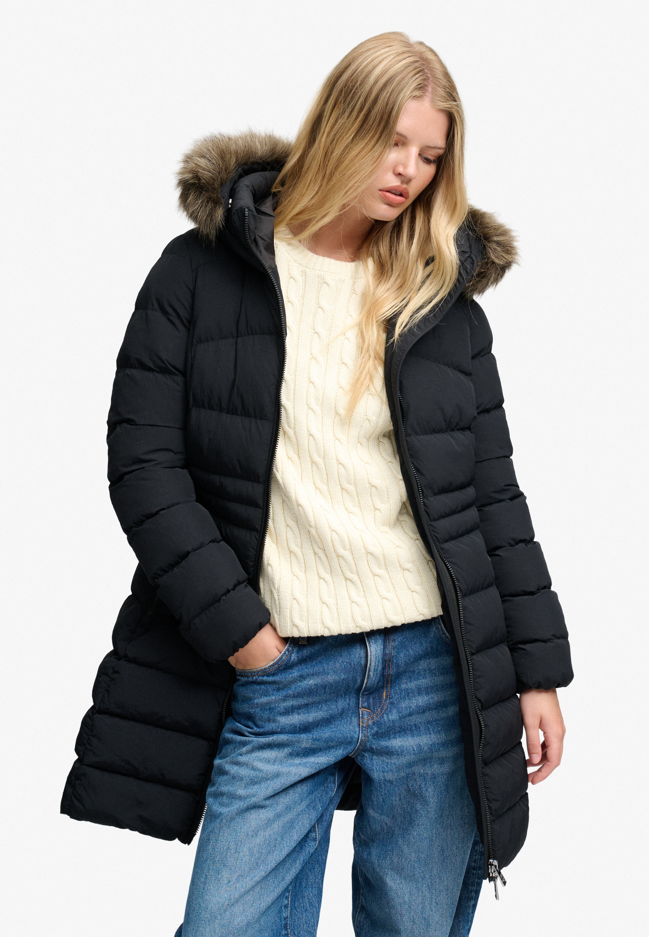 Superdry Steppjacke »HOOD FAUX FUR FUJI MID LENGTH« mit Kapuze Kunstfaser, slim fit
