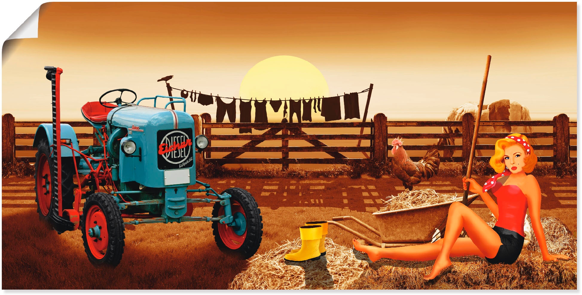 Artland Poster »Pin Up Girl mit Traktor auf Bauernhof«, Traktoren, (1 St.), als Alubild, Leinwandbild, Wandaufkleber oder Poster in versch. Größen