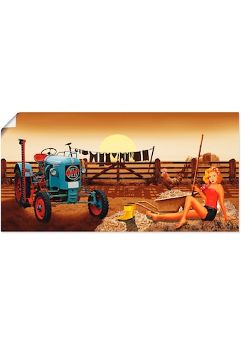Poster »Pin Up Girl mit Traktor auf Bauernhof«, Traktoren, (1 St.), als Alubild,...