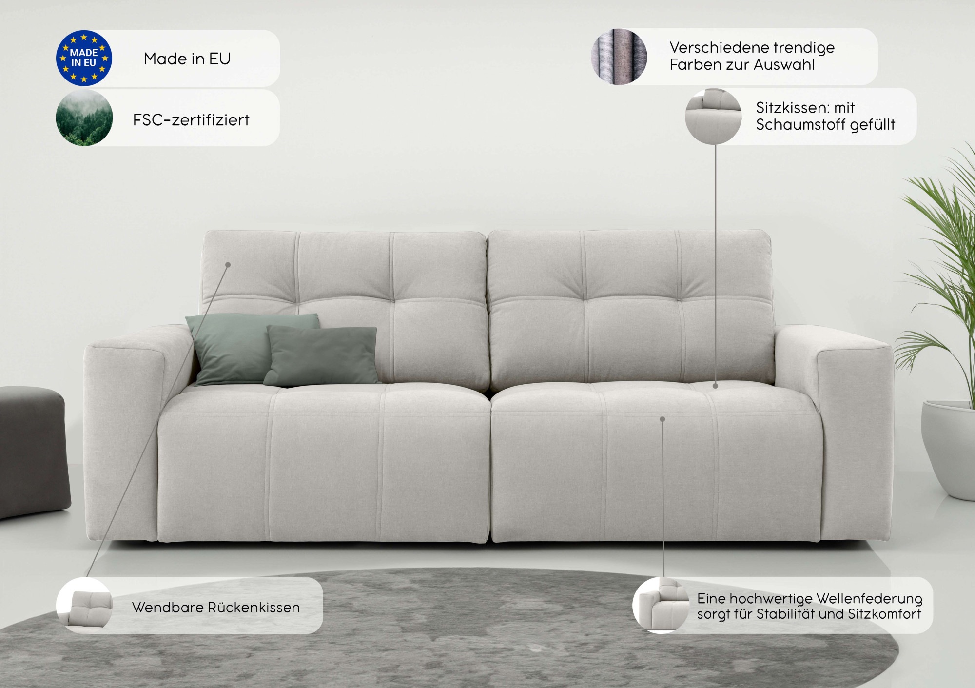 Thumbnail - Home affaire 3-Sitzer "Turnon, Lounge-sofa, Breite 220 cm", Chenille, mit Knopf- und Doppelsteppung, elegantes Aussehen