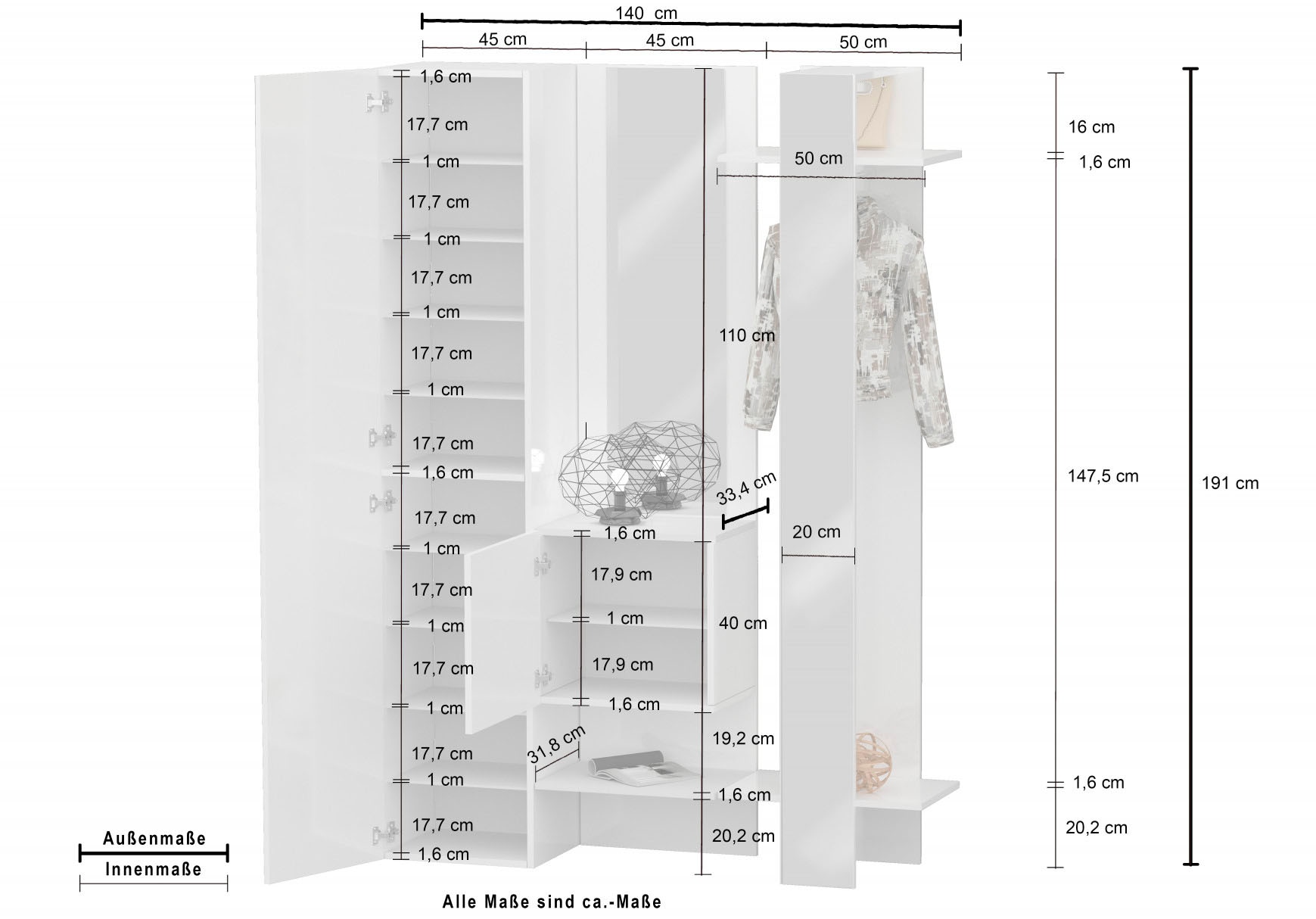 INOSIGN Garderoben-Set »Kompakt«, (3-er Set: Schuhschrank, Schuhfach, Garderobenpaneel mit Spiegel.), Höhe ca. 190 cm