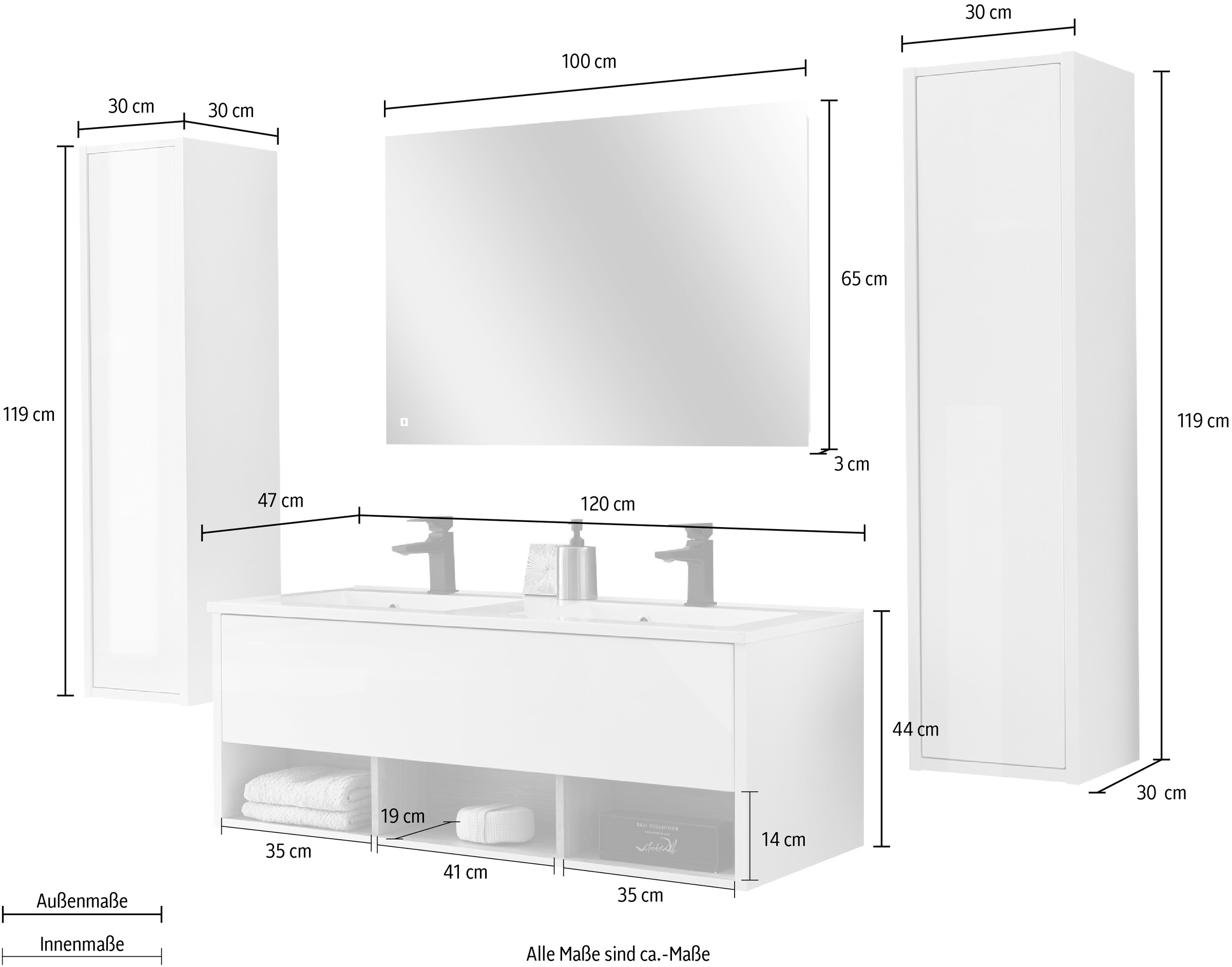 Places of Style Badmöbel-Set »Studio Line, Bad im modernen Design, 4-teiliges Badezimmer«, (4 St.), Schrank, Waschtisch und Spiegel, in zwei Farben verfügbar, Stauraum