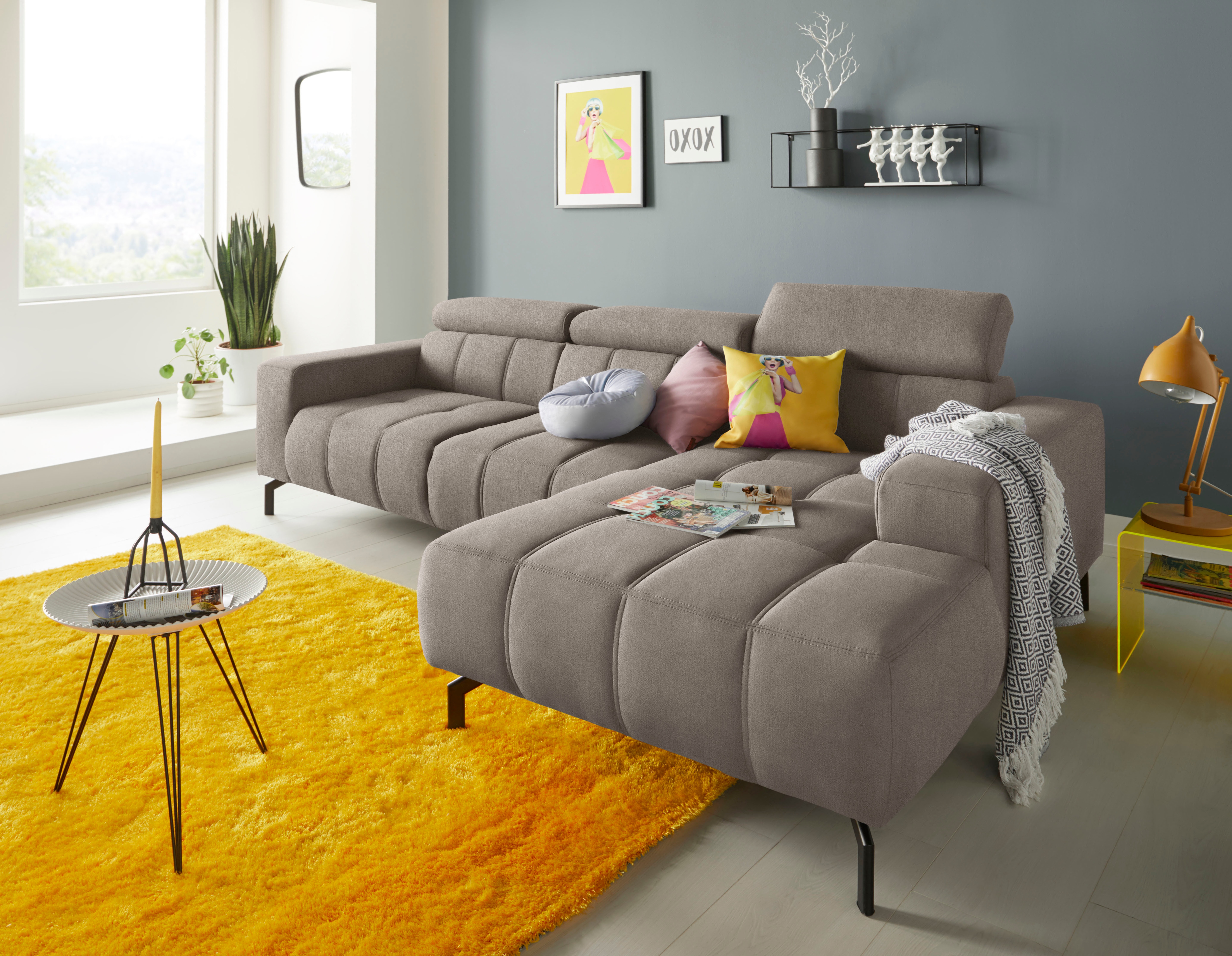 DOMO collection Ecksofa "Cunelli tolle Sitznähte als Designelement, fester Sitzkomfort, L-Form" whlw. verstellbare Kopfteile, passend für gängige Saugroboter
