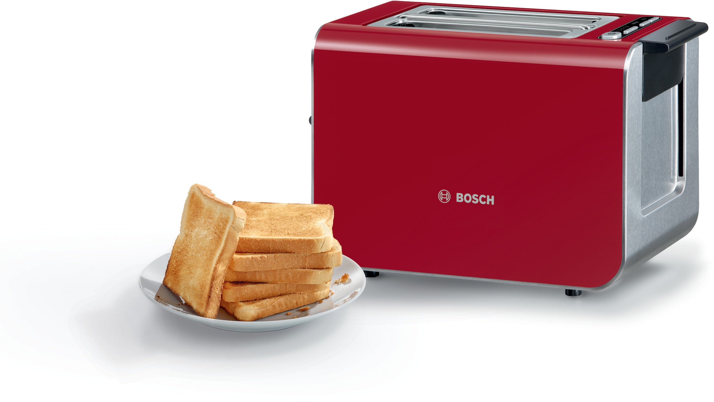BOSCH Toaster »Styline TAT8614N, integrierter Brötchenaufsatz, Liftfunktion,«, 860 W, Auftaufunktion, Abschaltautomatik, Brotzentrierung, Edelstahl/rot