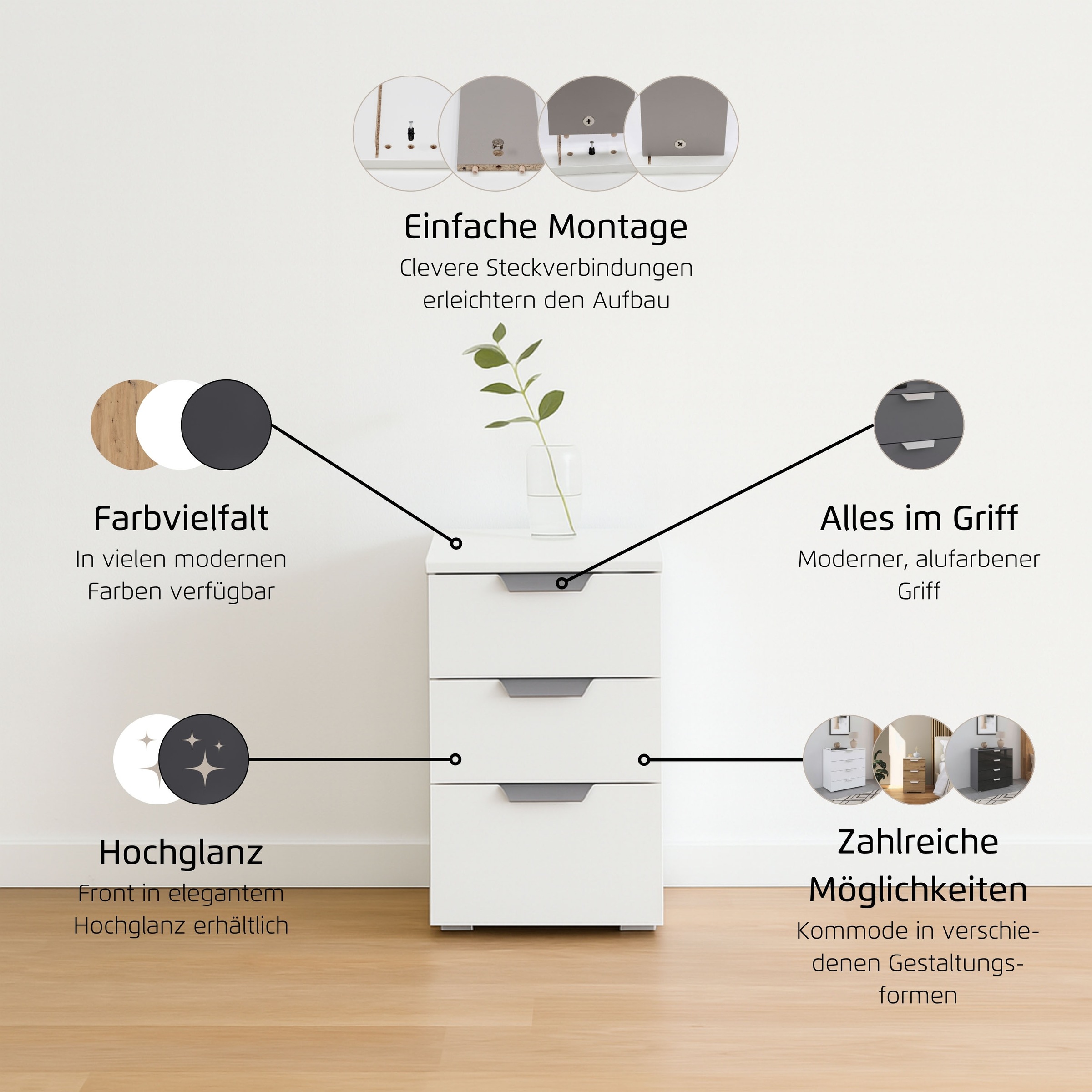 rauch Nachtkommode »Nachttisch Nachtkonsole ORIAS in Dekor- oder Hochglanzfront«, (Breite 40 cm), mit 3 geräumigen Schubladen für viel Stauraum MADE IN GERMANY