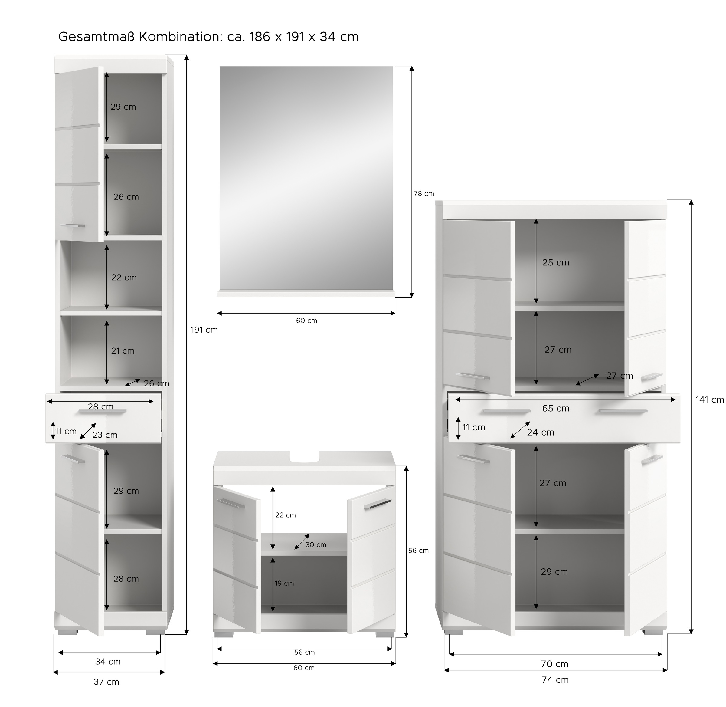 INOSIGN Badmöbel-Set »Siena, 4 teilig, bestehend aus:«, (Set), Hochschrank, Waschbeckenunterschrank, Badspiegel, Midischrank