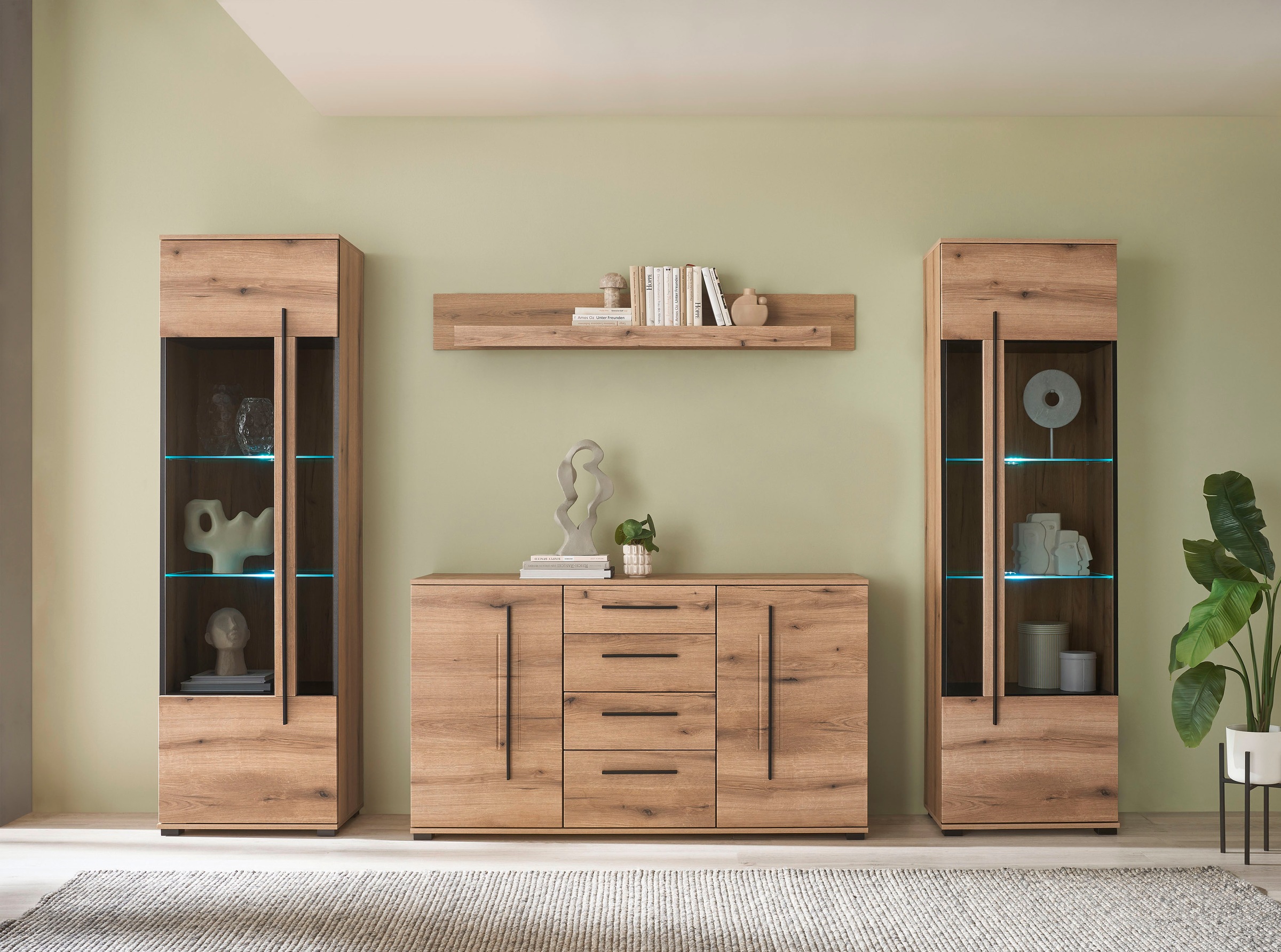 INOSIGN Wohnwand »Cantara, moderne Anbauwand, Wohnzimmer-Set, in Eiche Evoke oder Weiß«, (Set), enthält zwei Vitrinen, ein Sideboard und ein Wandboard