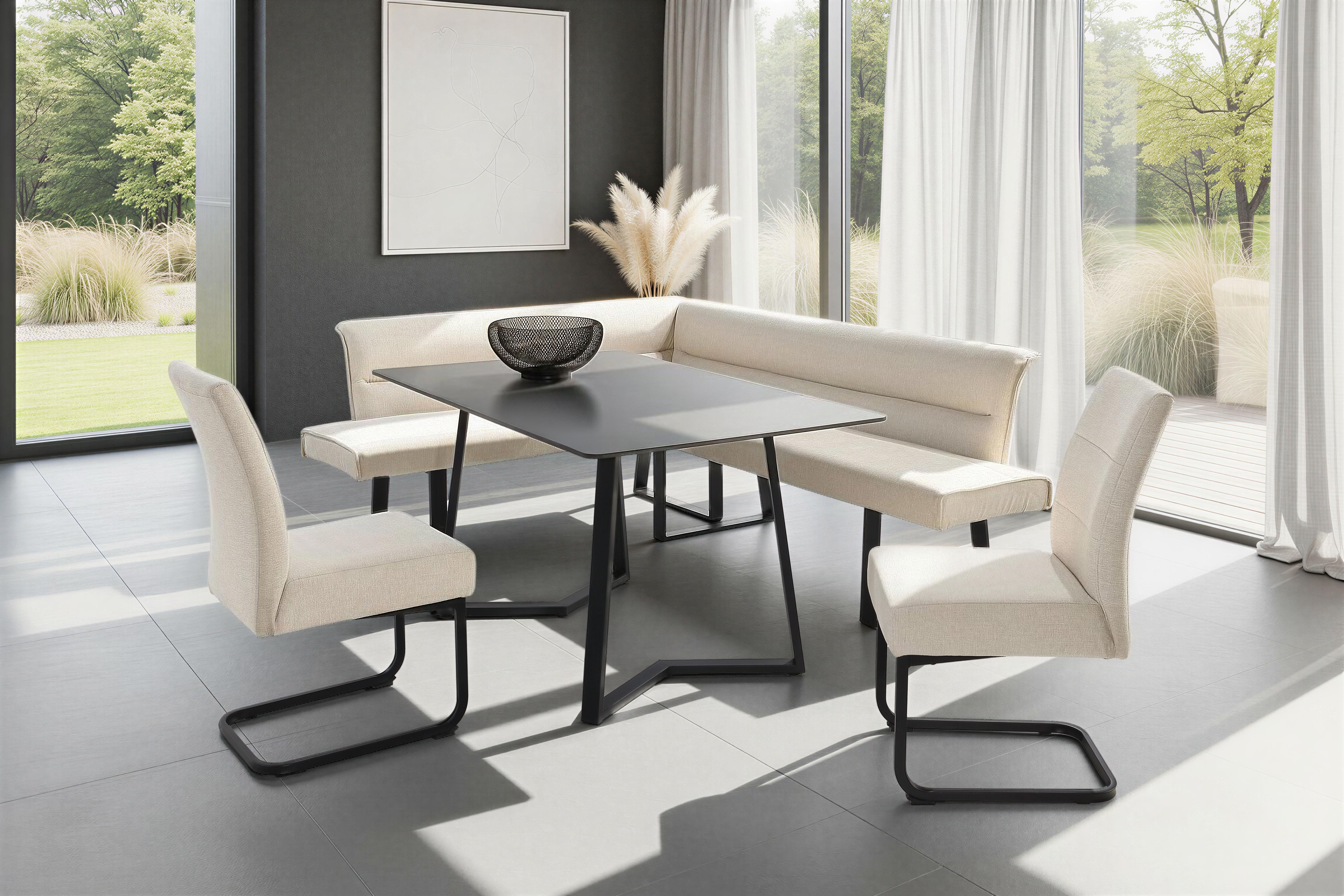 Jockenhöfer Gruppe Eckbankgruppe "Tisch, Bank und 2 Stühle, Taschenfederkern" Set, 4 tlg. Tisch (140x90cm) schwarz, Bank und Stühle anthrazit oder beige