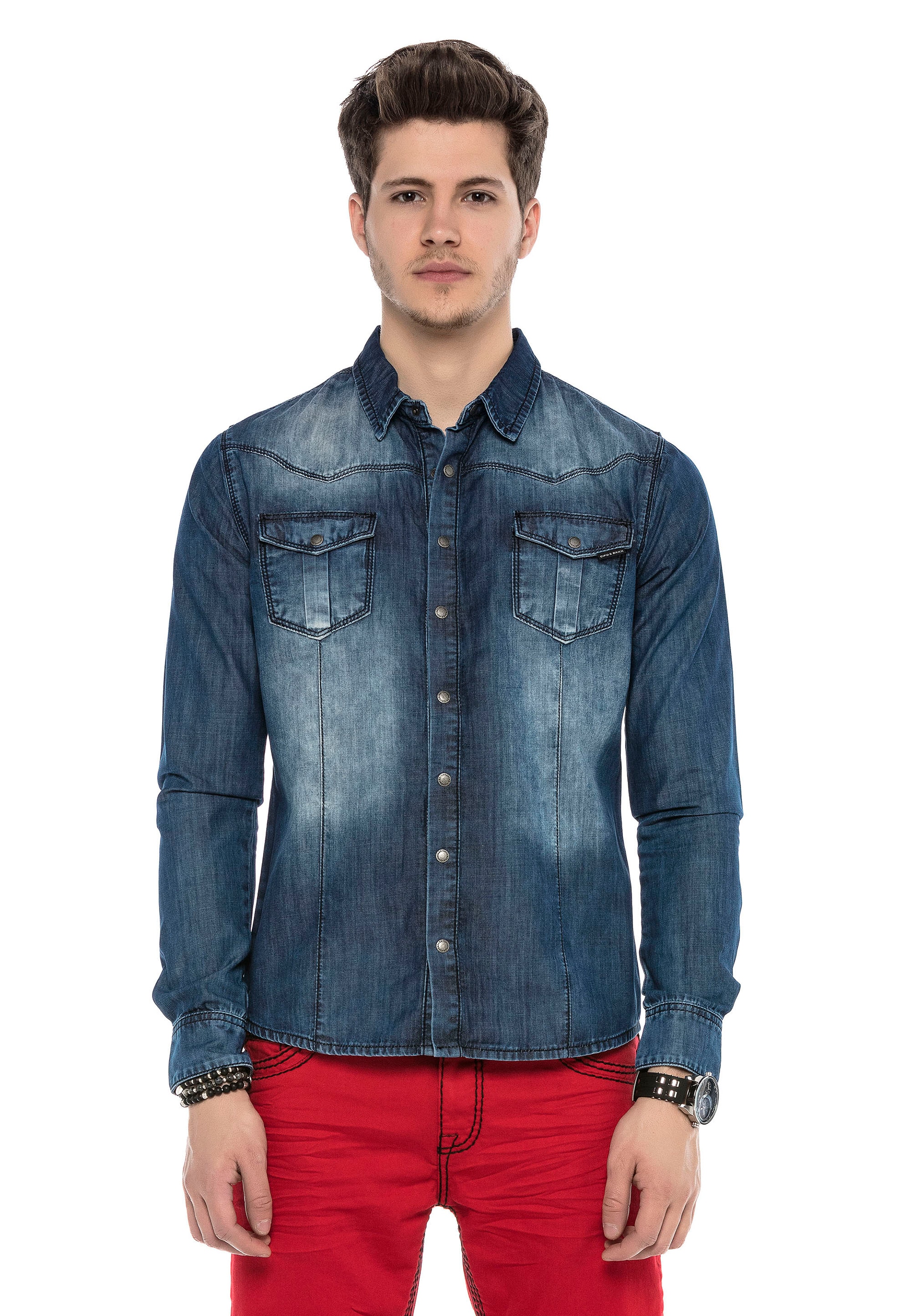 Cipo & Baxx Jeanshemd, mit praktischen Druckknöpfen