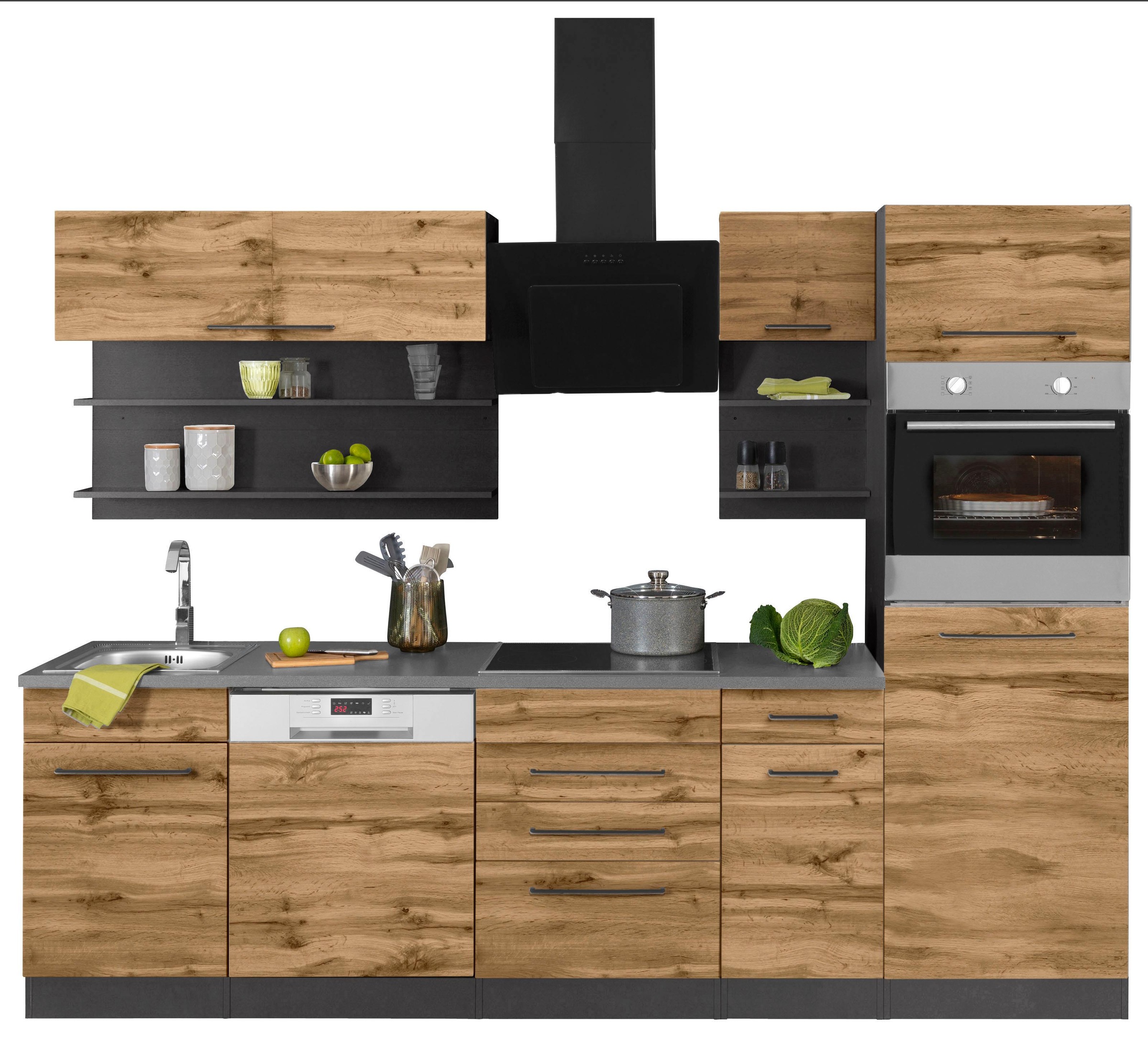 KOCHSTATION Küchenzeile »KS-Tulsa«, mit E-Geräten, Breite 270 cm, schwarze Metallgriffe, MDF Fronten