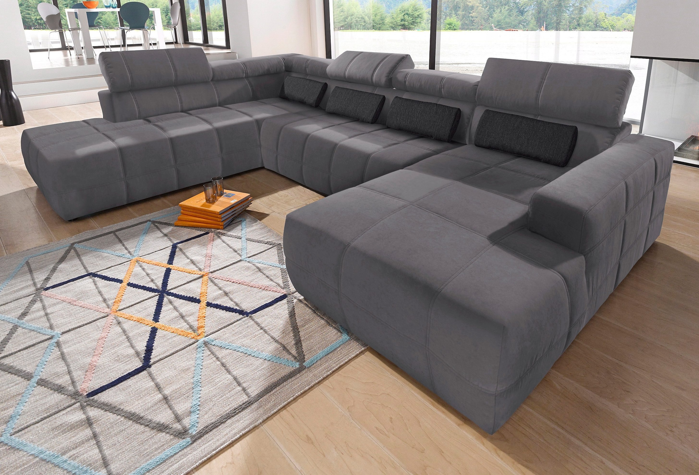 DOMO collection Wohnlandschaft "BRANDON whlw. mit Sitztiefenverstellung, whlw. Nierenkissen" mit Sitztiefenverstellung, Luxus-Microfaser, dunkelgrau