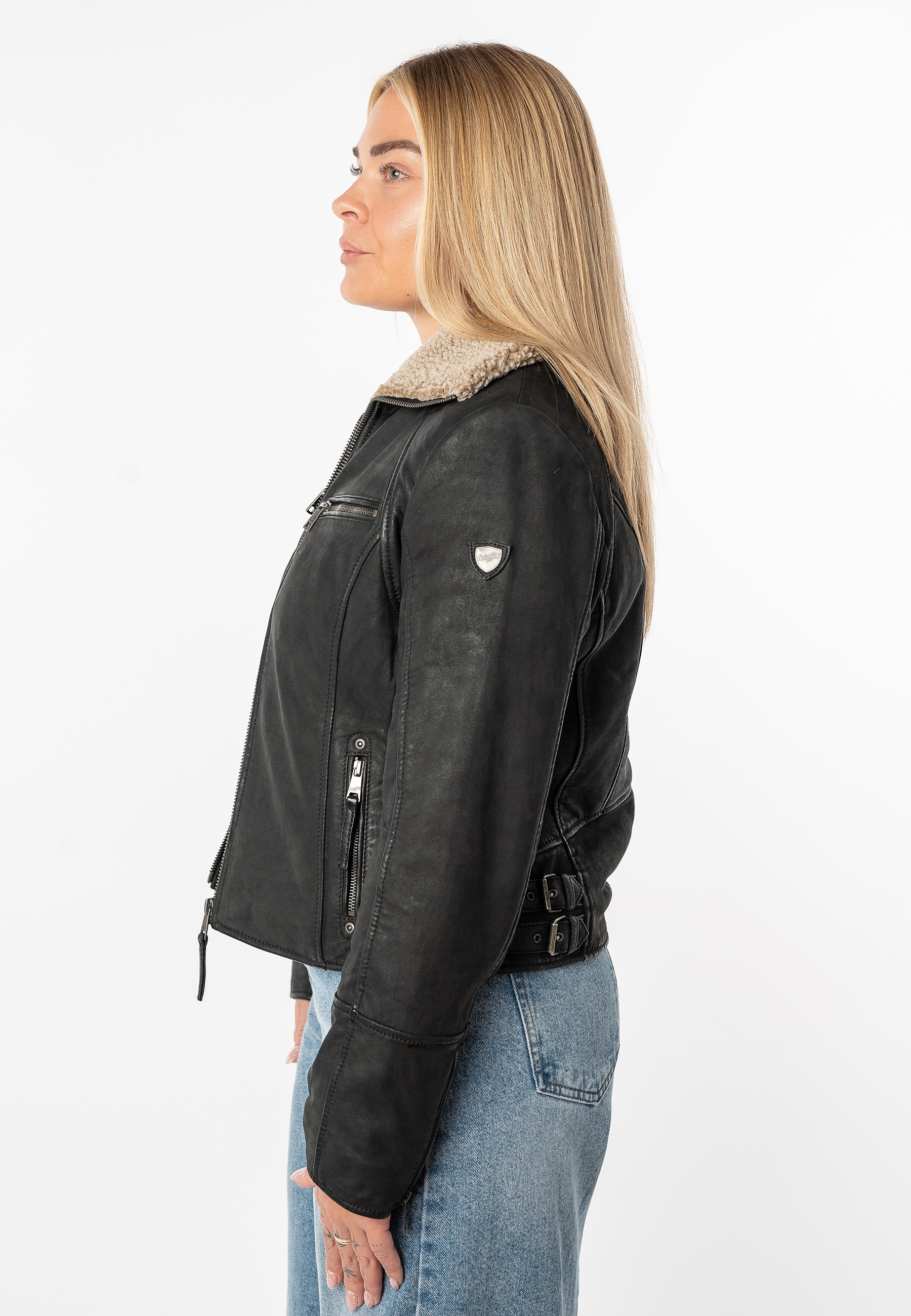 Thumbnail - Mauritius Lederjacke "MWNaedda" mit hochschließendem Kragen mit Teddyplüschbesatz - wärmend