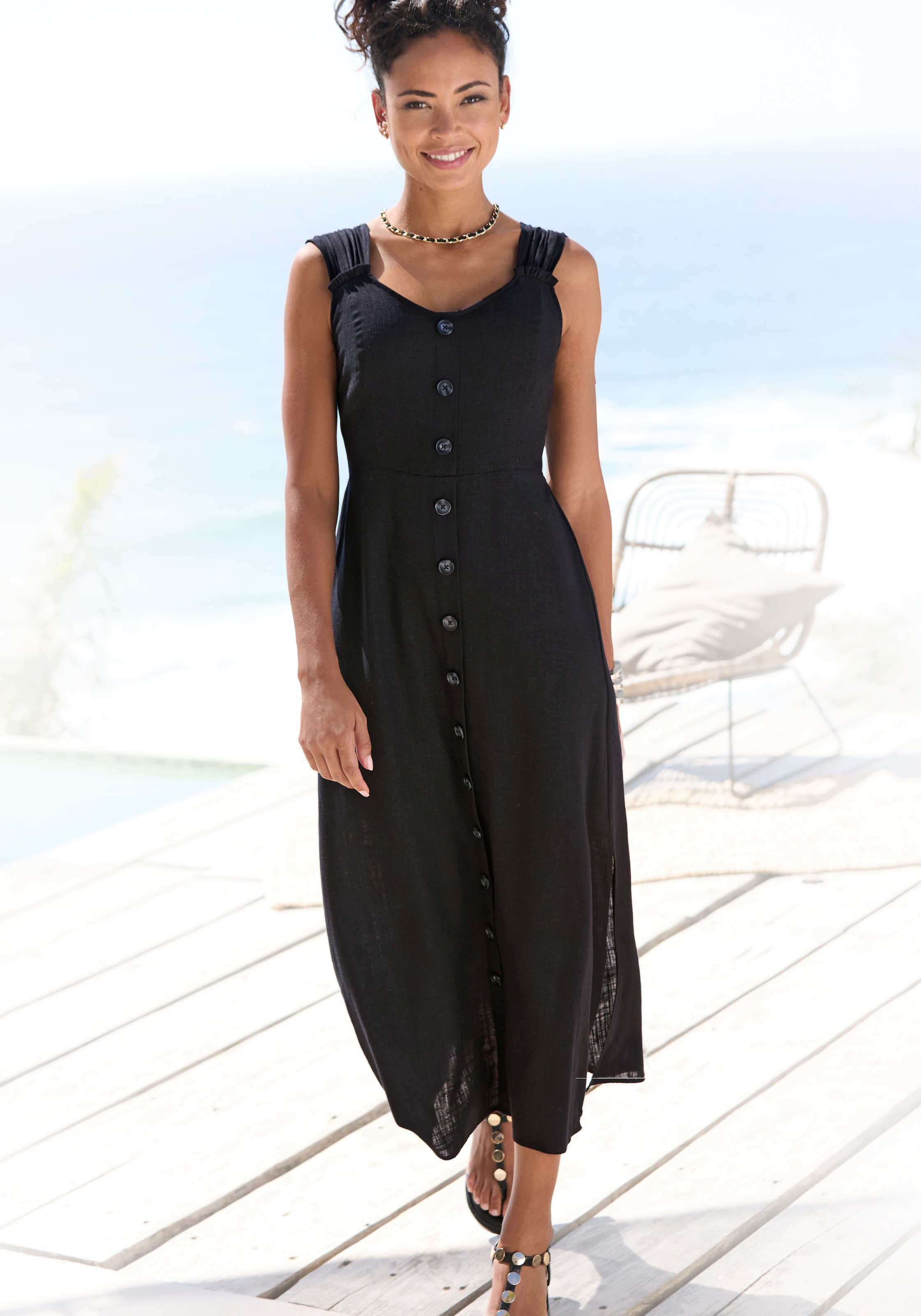 LASCANA Maxikleid "mit breiten Trägern aus Webware mit Leinenanteil" Ohne Taschen Elegantes Sommerkleid, Leinenkleid, Trägerkleid