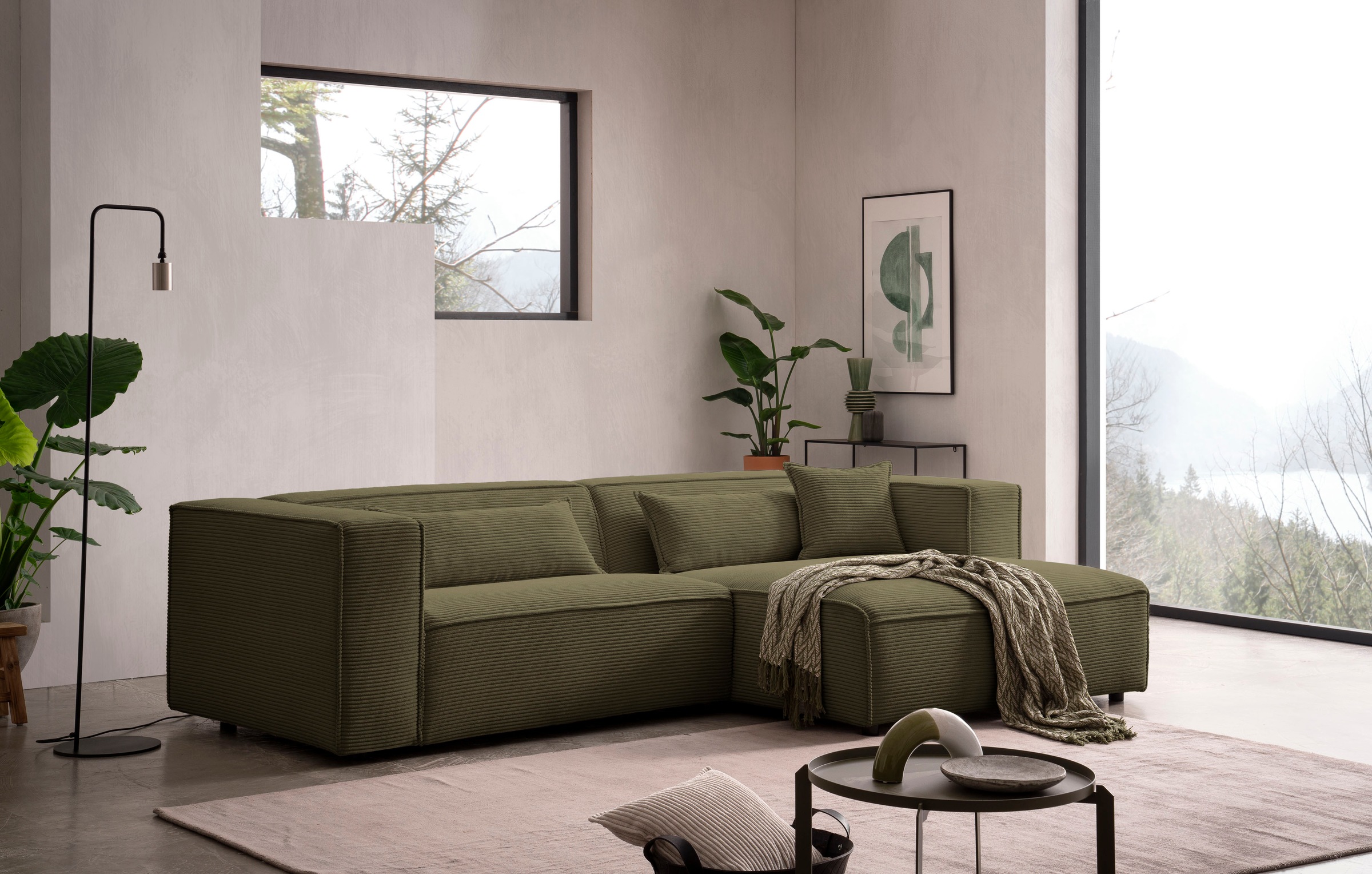 LeGer Home by Lena Gercke Ecksofa »PIARA mit Kedernaht in Cord oder Leinenoptik, moderne Couch in L-Form«, wahlweise Ottomane rechts/links, schwarze Füße, bequemer Sitzkomfort