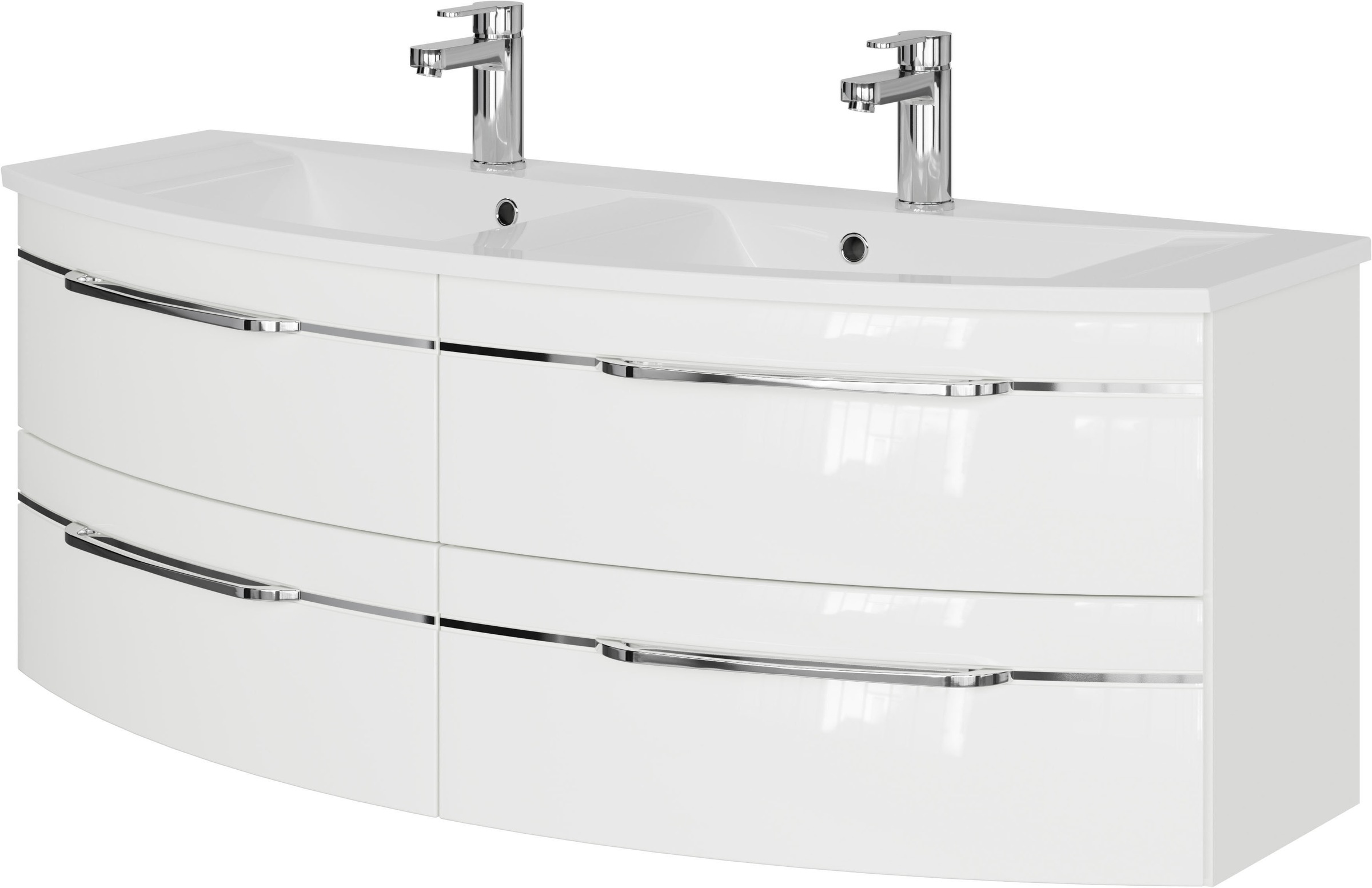 Saphir Badmöbel-Set »Badezimmer-Set 133,2 cm breit, inkl. Türdämpfer, 3 Türen, 4 Schubladen«, (Set, 2 St.), Serie 7045 2-teilig Mineralmarmor-Doppelwaschtisch, LED-Spiegelschrank
