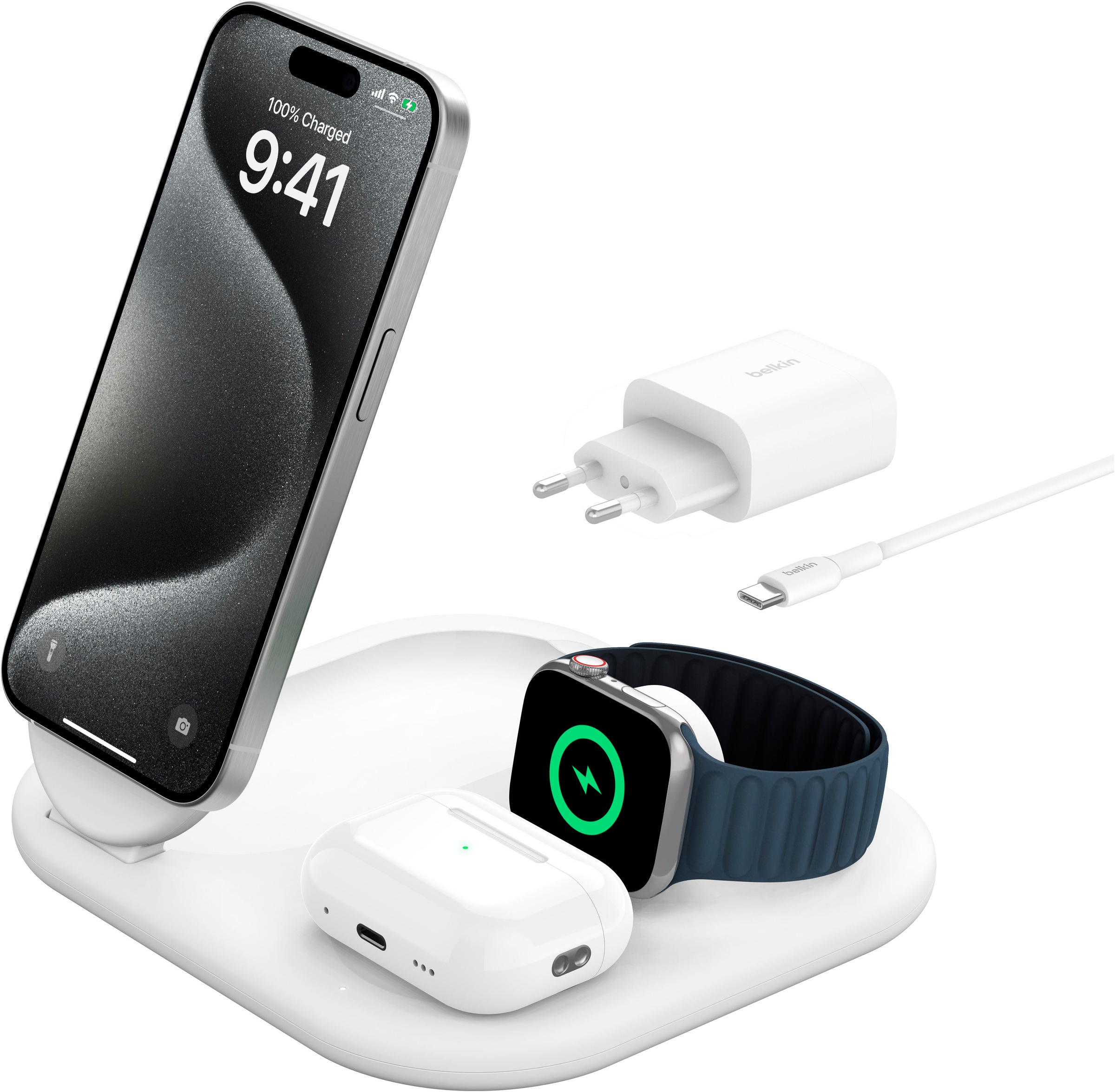 BELKIN Wireless Charger "BoostCharge 3-in-1 15 W magnetisch, einklappbar", B:35,99cm H:18,49cm T:19,99cm, weiß, Ladegeräte, iPhone 17/Air, Pixelsnap,