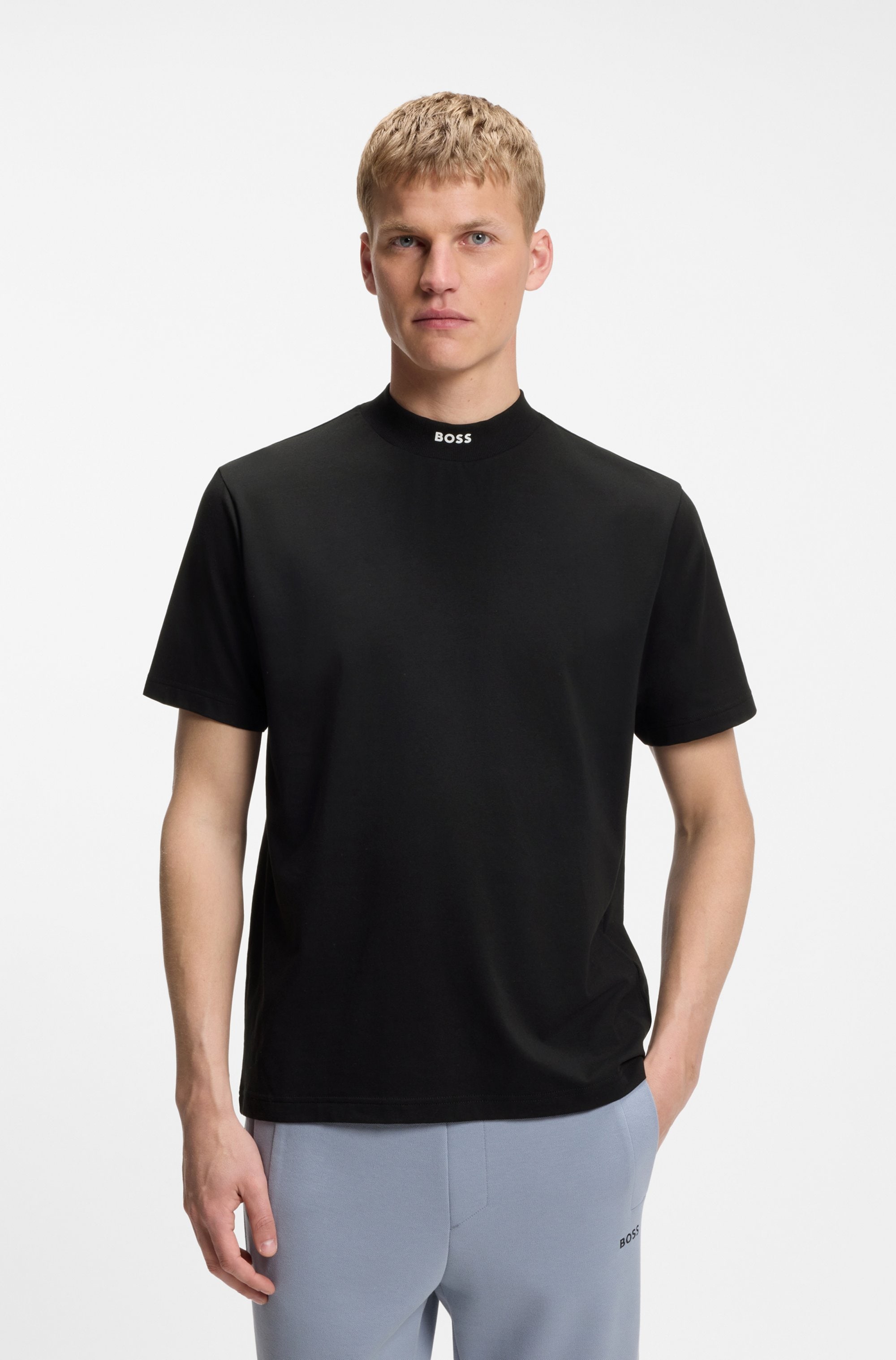 BOSS GREEN T-Shirt "Tee Collar Relaxed Fit" Stretch Jersey Baumwolle, Logo Centered, Rundhals