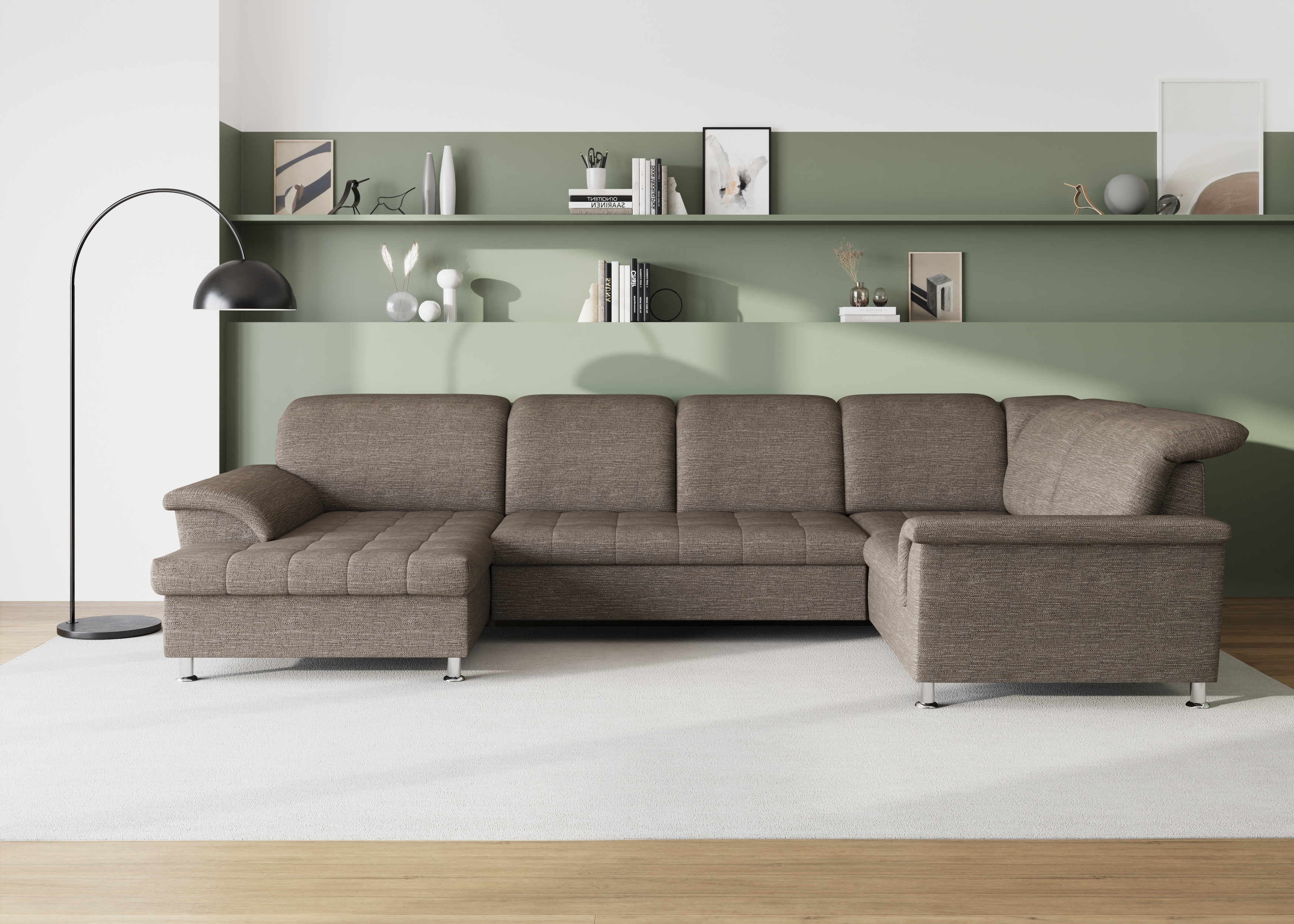 DOMO collection Wohnlandschaft "FRANZI 344x206x81 cm, elegant, komfortabel" U-Form, Recamiere links, beige-braun, B/T: 344/206 cm