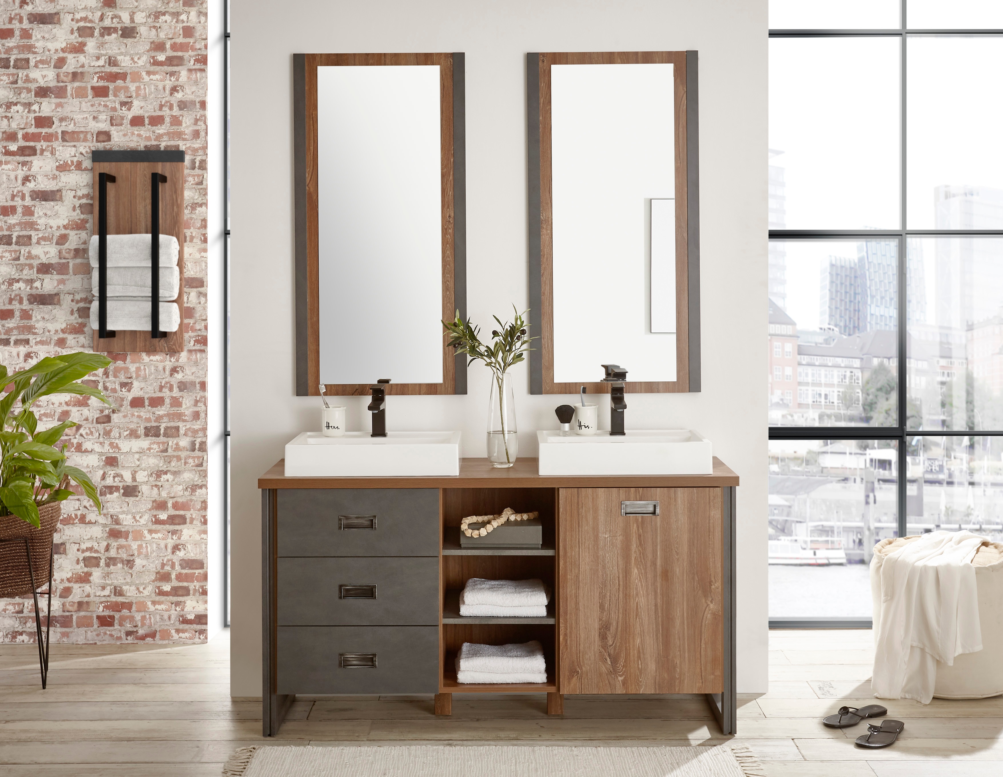 Thumbnail - Home affaire Badmöbel-Set "Detroit, Bad im Industrialdesign, 2-teiliges Badezimmer" Set, 3 Stk. tlg. Waschtisch und Spie...