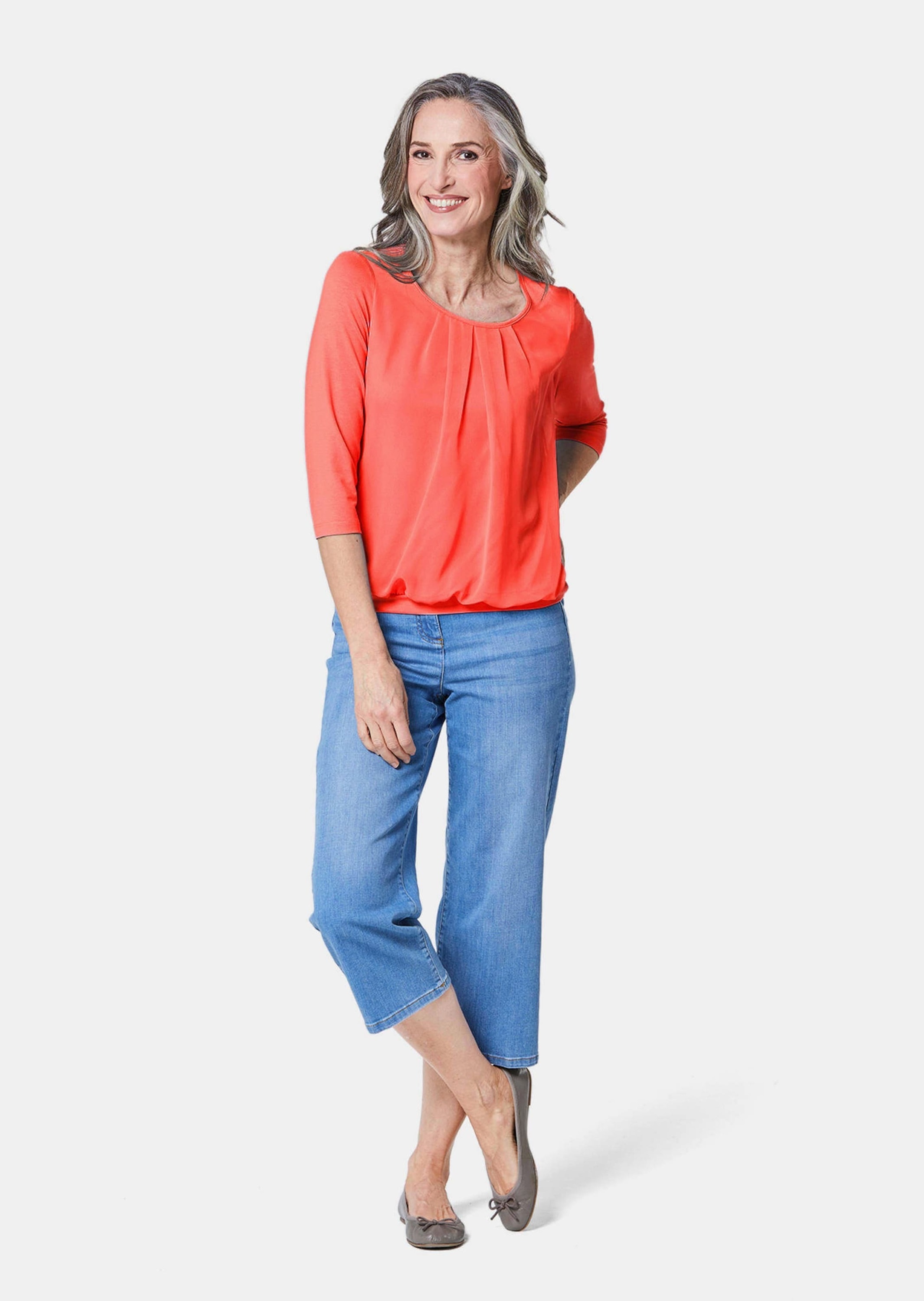 GOLDNER Kurzarmbluse »Chiffon-Shirt mit 3/4-Arm, Rundhals«