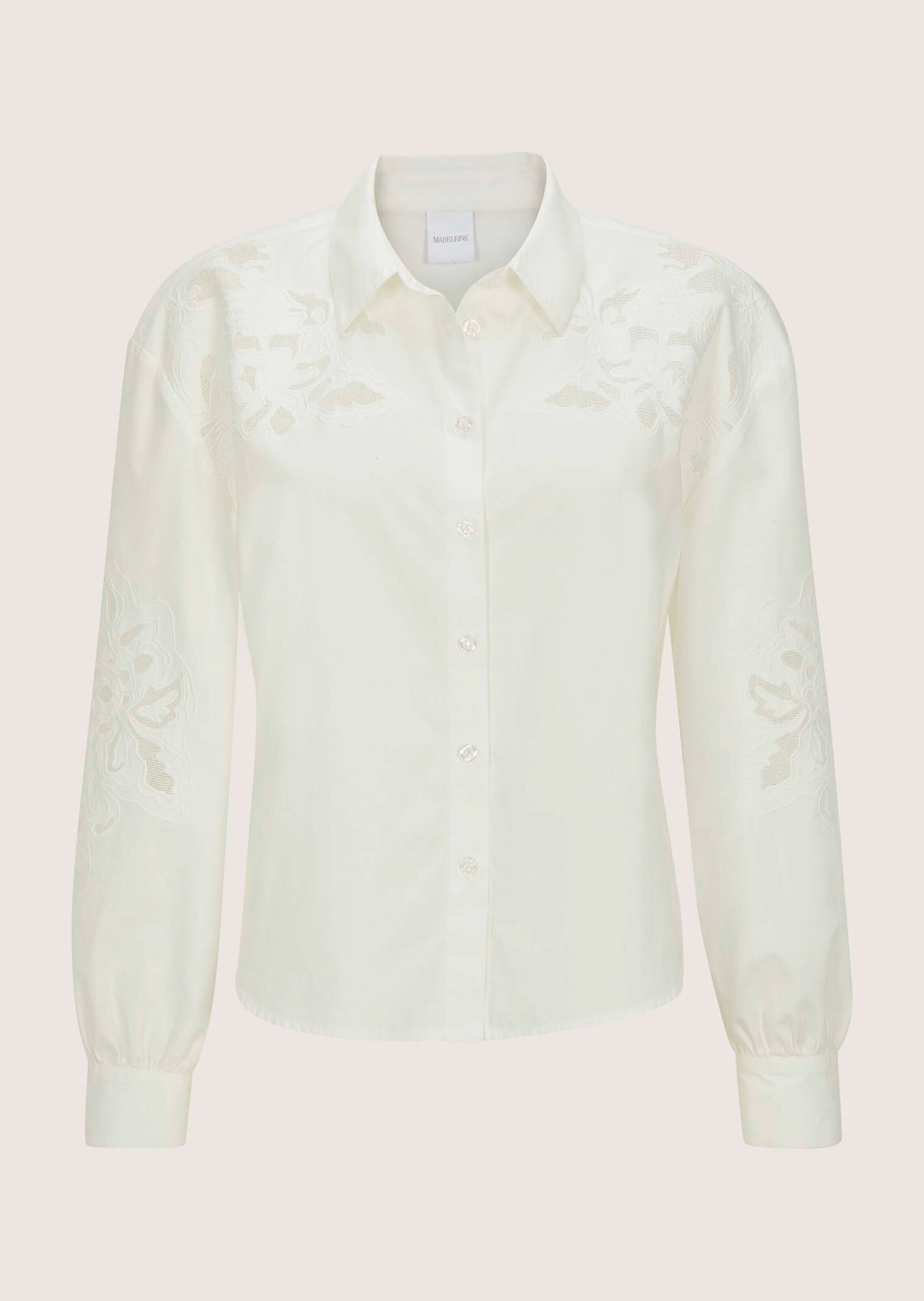 MADELEINE "Hemdbluse Baumwollbluse mit floraler Stickerei" Bluse mit dekorativen Spitzeneinsätzen am Arm und im Vorderteil