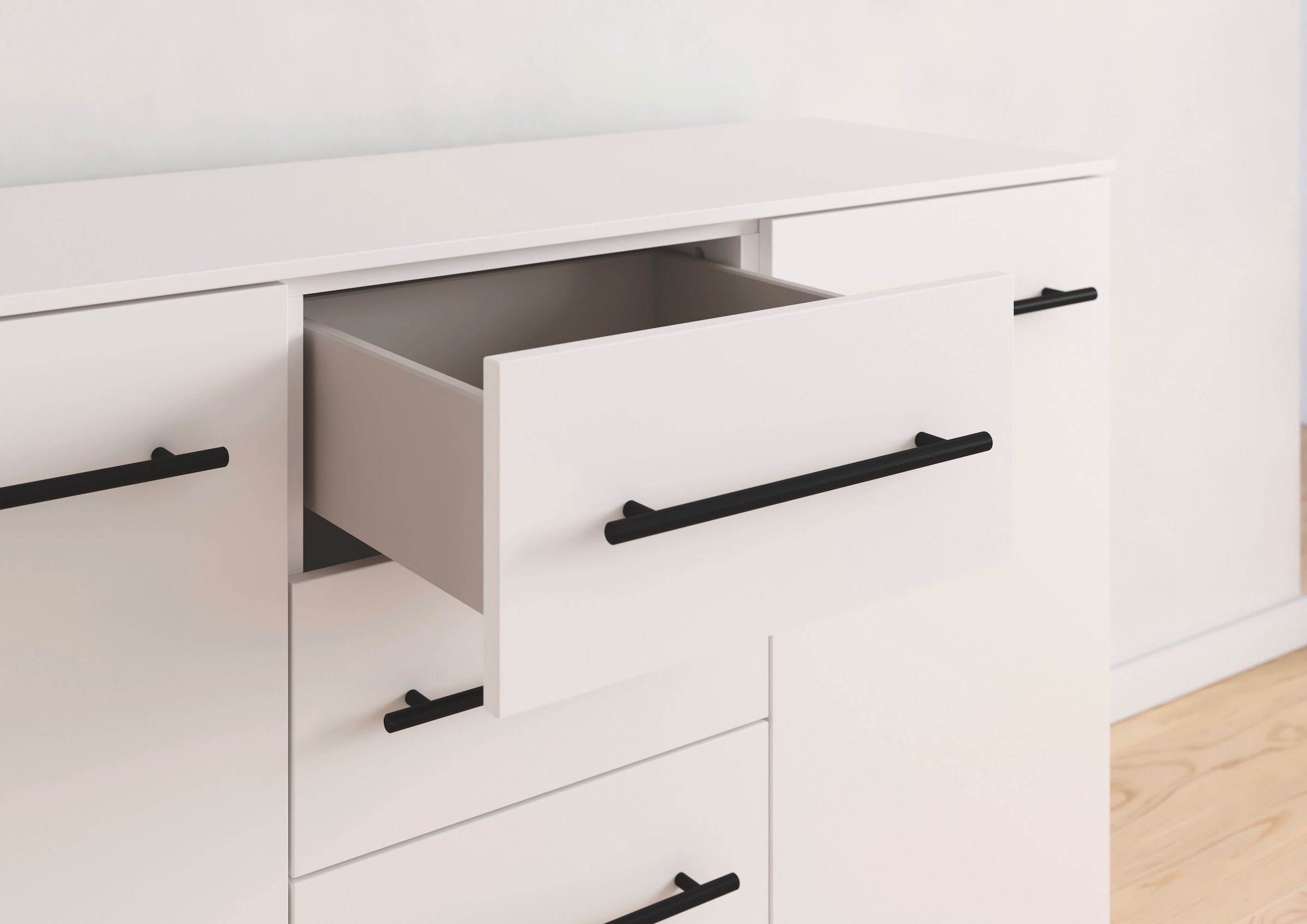 OTTO home Kombikommode »Sideboard Türkommode Schubladenkommode Kommode RONDO« Breite 120 / Höhe 81 cm, 4 Einlegeböden,  mit 4 geräumigen Schubladen Metallgriff in Schwarz MADE IN GERMANY
