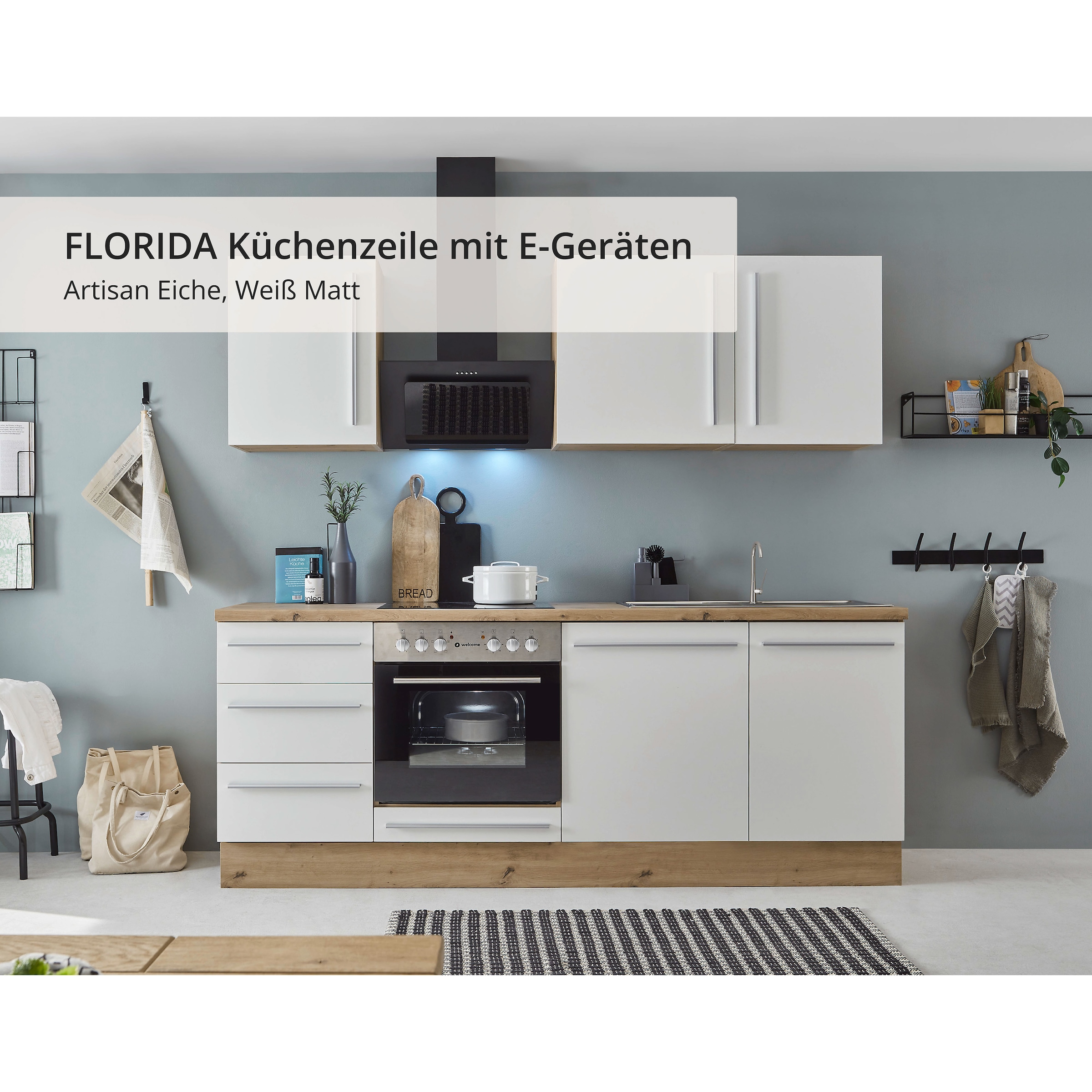 KOCHSTATION Küchenzeile »KS-Florida mit 38mm starker Arbeitsplatte«, Breite 220 cm, wahlweise mit E-Geräten, Soft-Close-Funktion