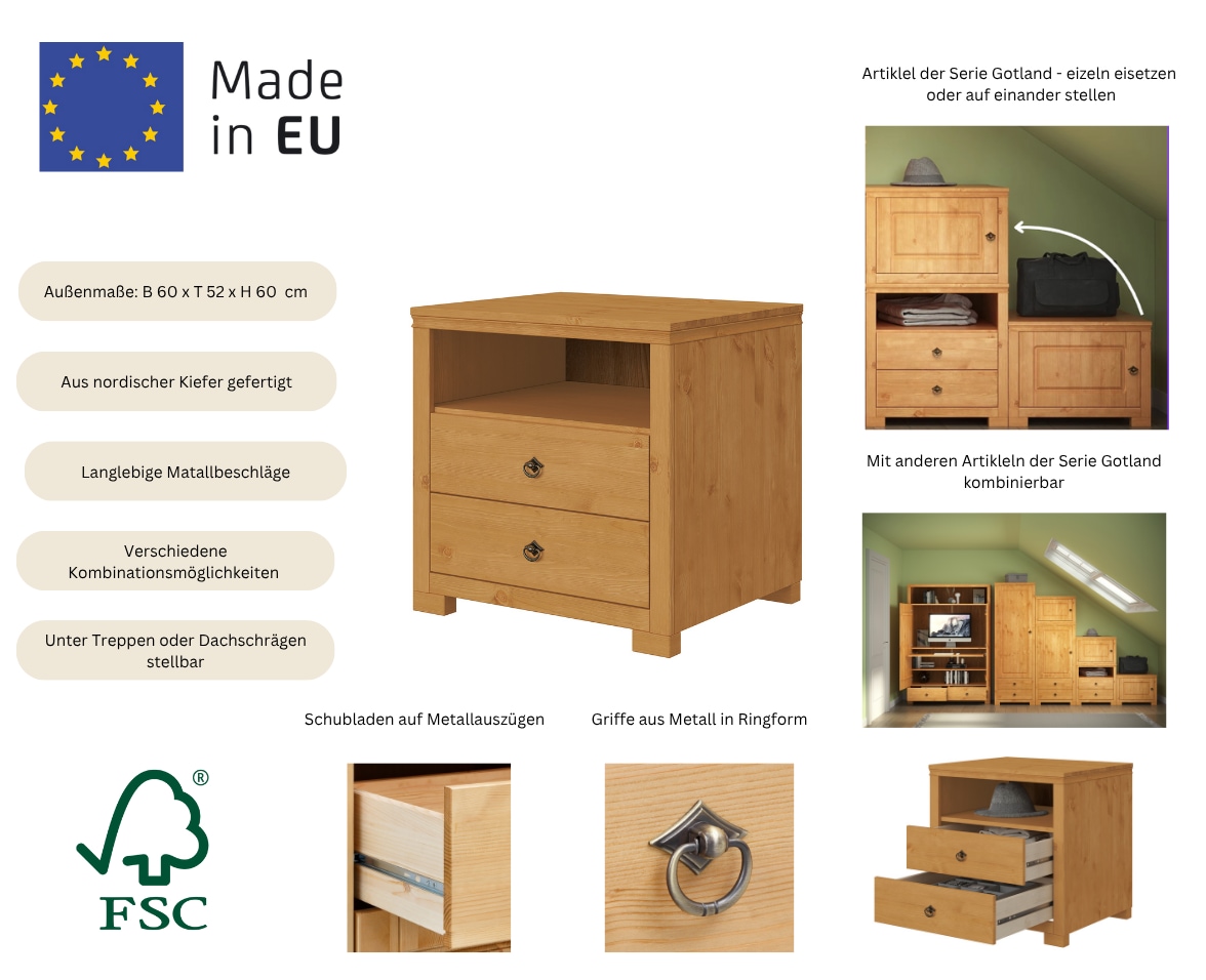OTTO home Beistellschrank »Gotland, Schrankmodulsystem, einzeln oder mit der Serie kombinierbar«, (H/B/T ca. 60/60/52 oder ca. 44/60/52), massive Kiefer, variabel einsetzbar, auch für Dachschrägen