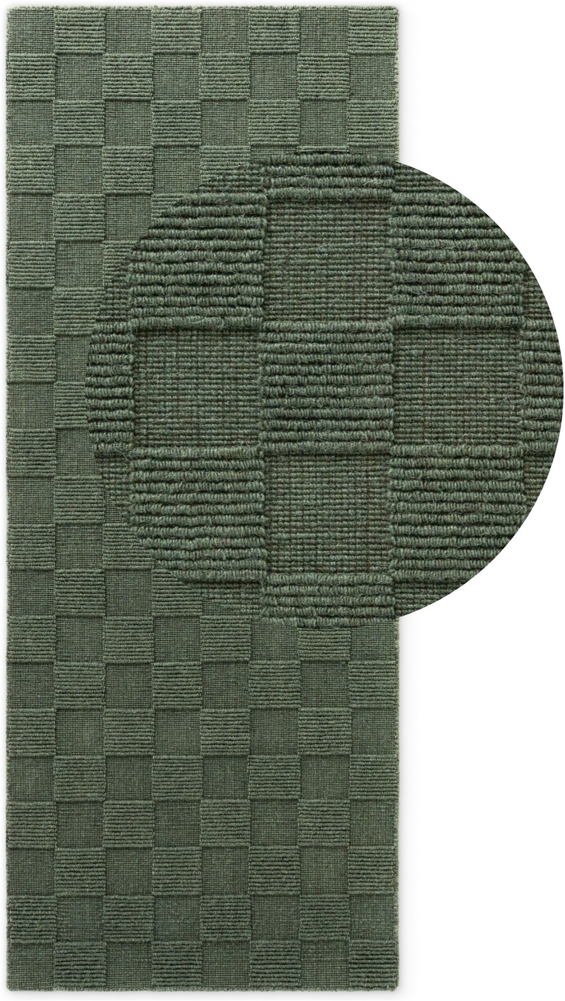 THE RUGS Scala Handwoven Wool Rug Geometric Checkered Low Pile in Green | Size: 80cm x 200cm