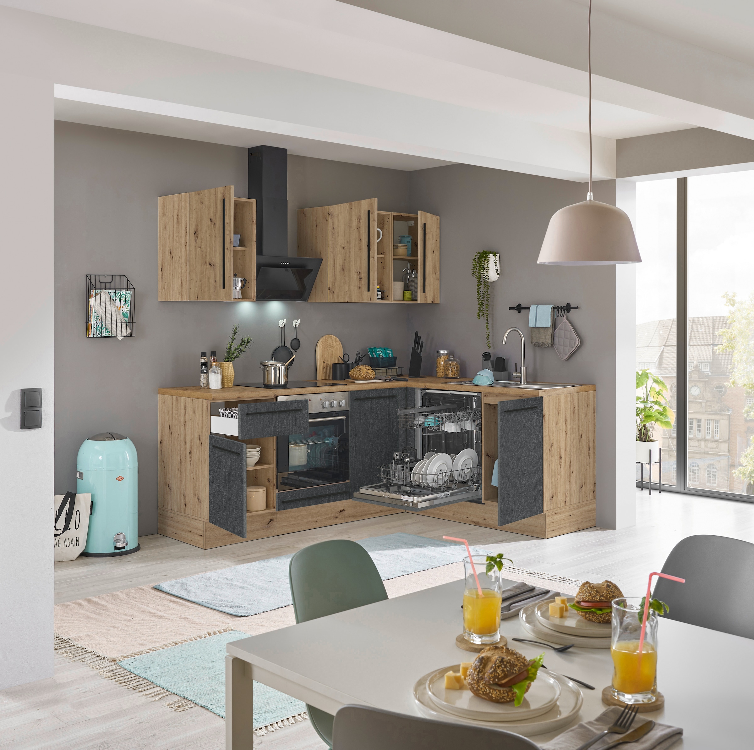 KOCHSTATION Winkelküche »Florida, Stellbreite 220x175 cm« wahlweise mit E-Geräten, mit Softclose für Türen und Schubkästen