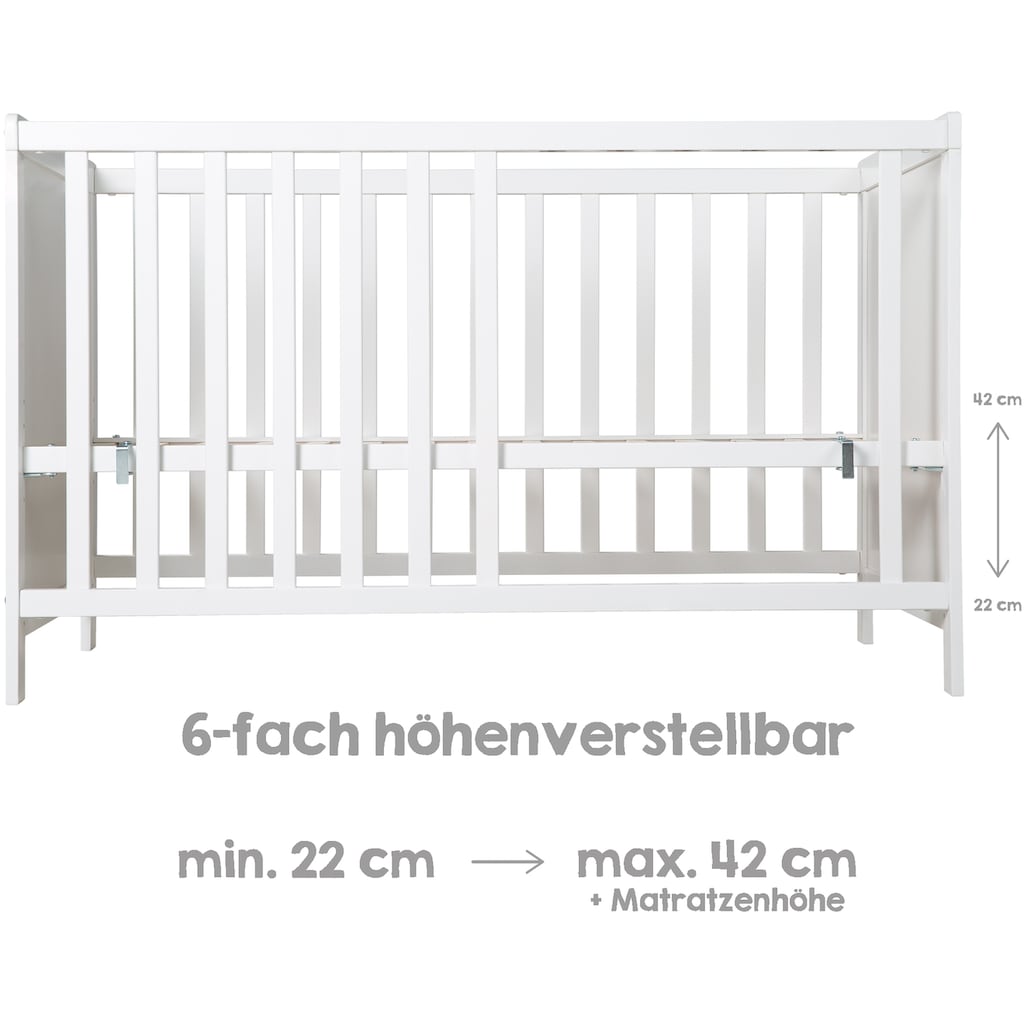 roba® Babybett »Multifunktionsbett mit Beistellfunktion«, (8 tlg.), Lattenrost, Matratze, Nestchen, Bettverkleinerer, Himmel, Himmelstange