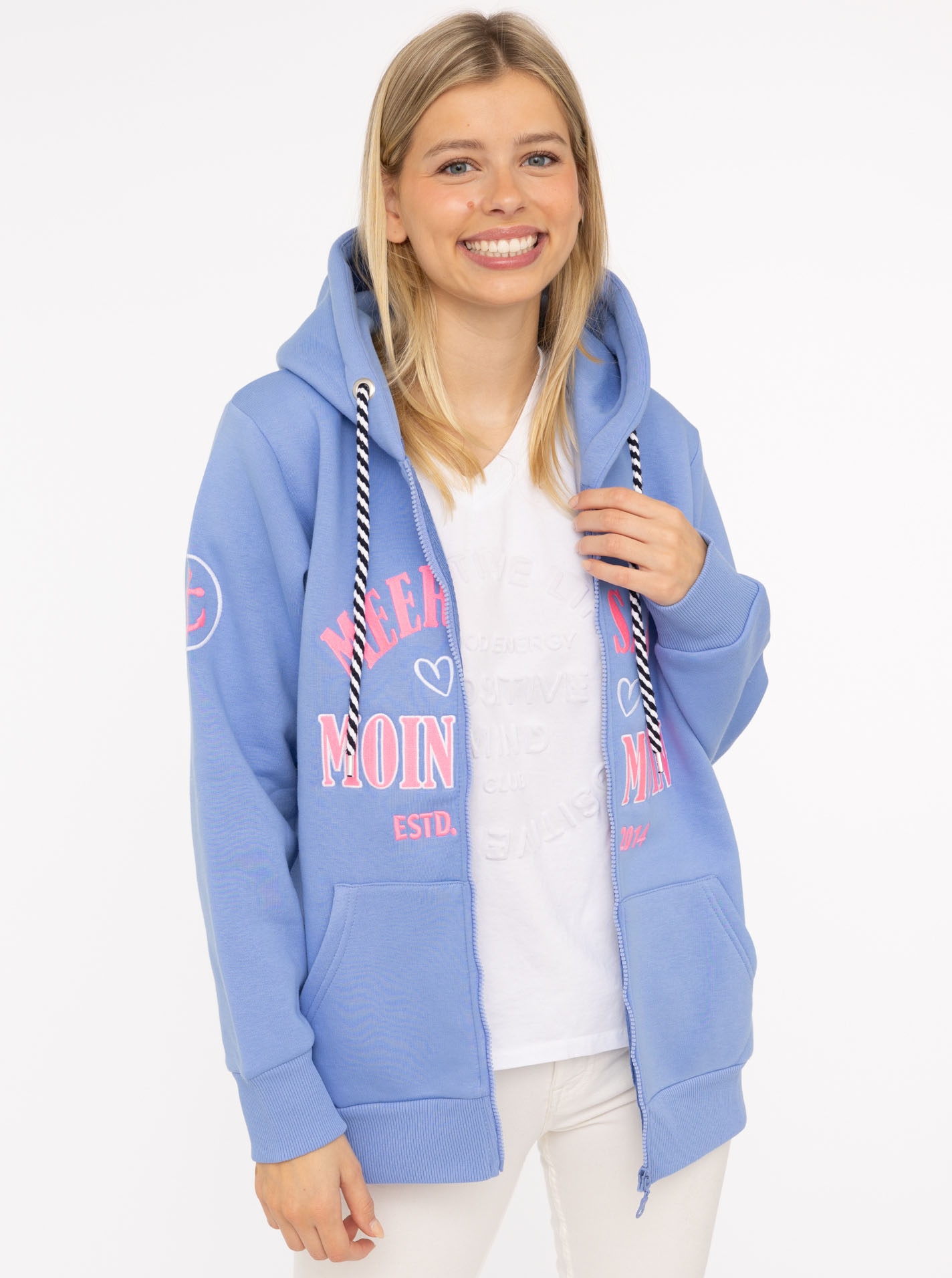 Zwillingsherz Sweatjacke »"Moin Moin"«, Kapuze, Langarm, Reißverschluss, modisch, maritim, Kordelzug