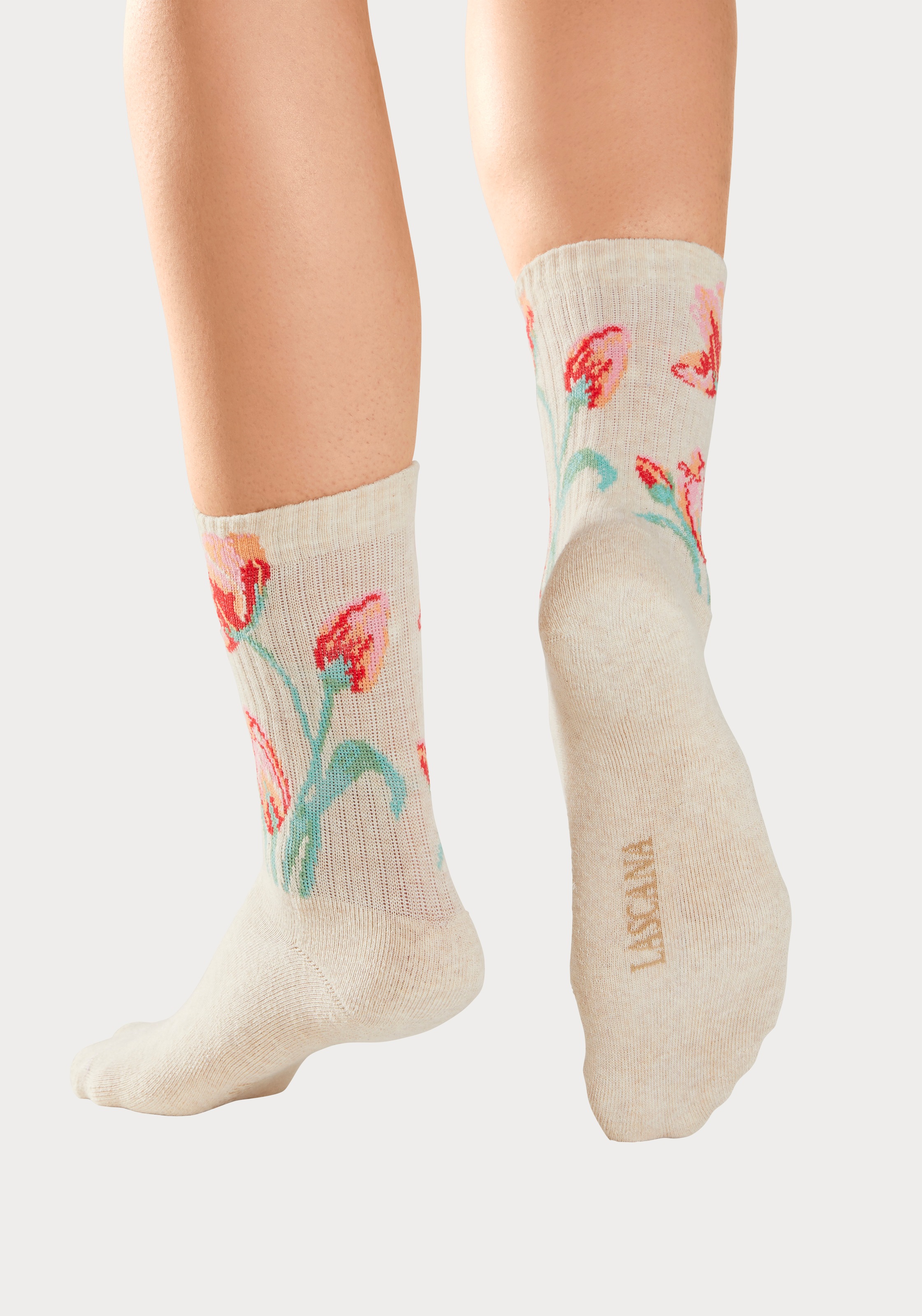 LASCANA Basicsocken, (Packung, 4 Paar), mit eingestrickten Blumen Motiven