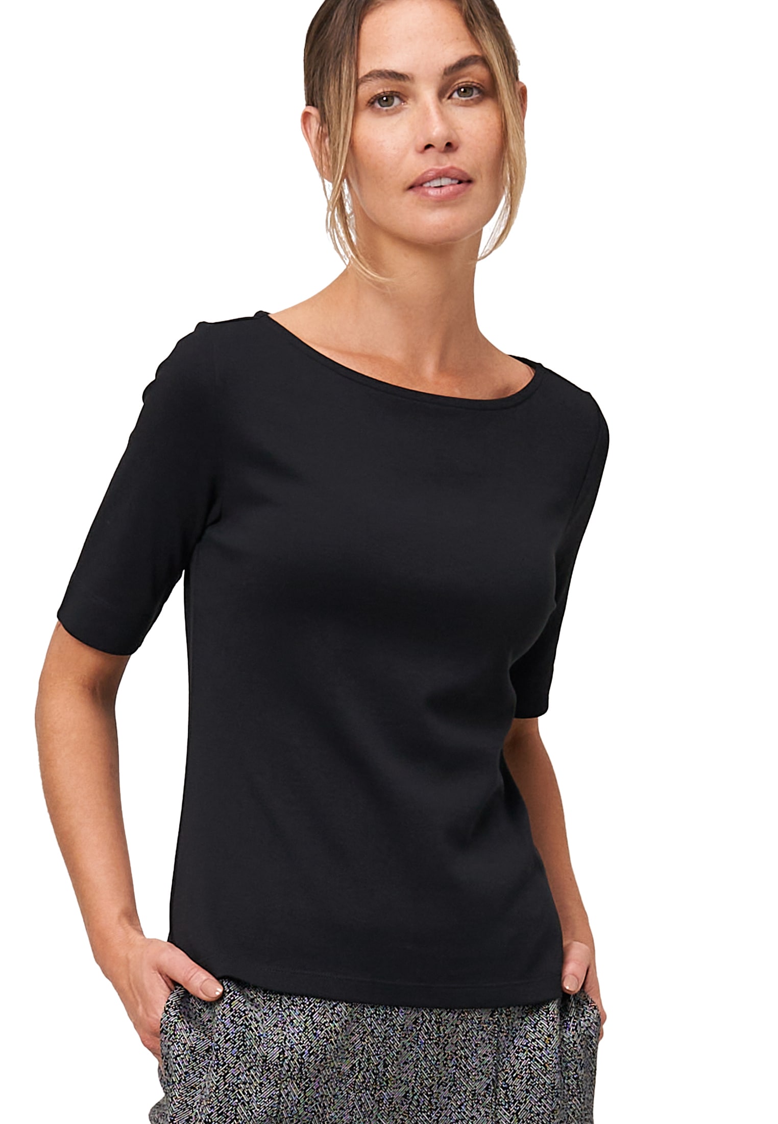Zero Kurzarmshirt "Damen Baumwollshirt mit U-Boot Ausschnitt", 1 Stk. Plain günstig online kaufen