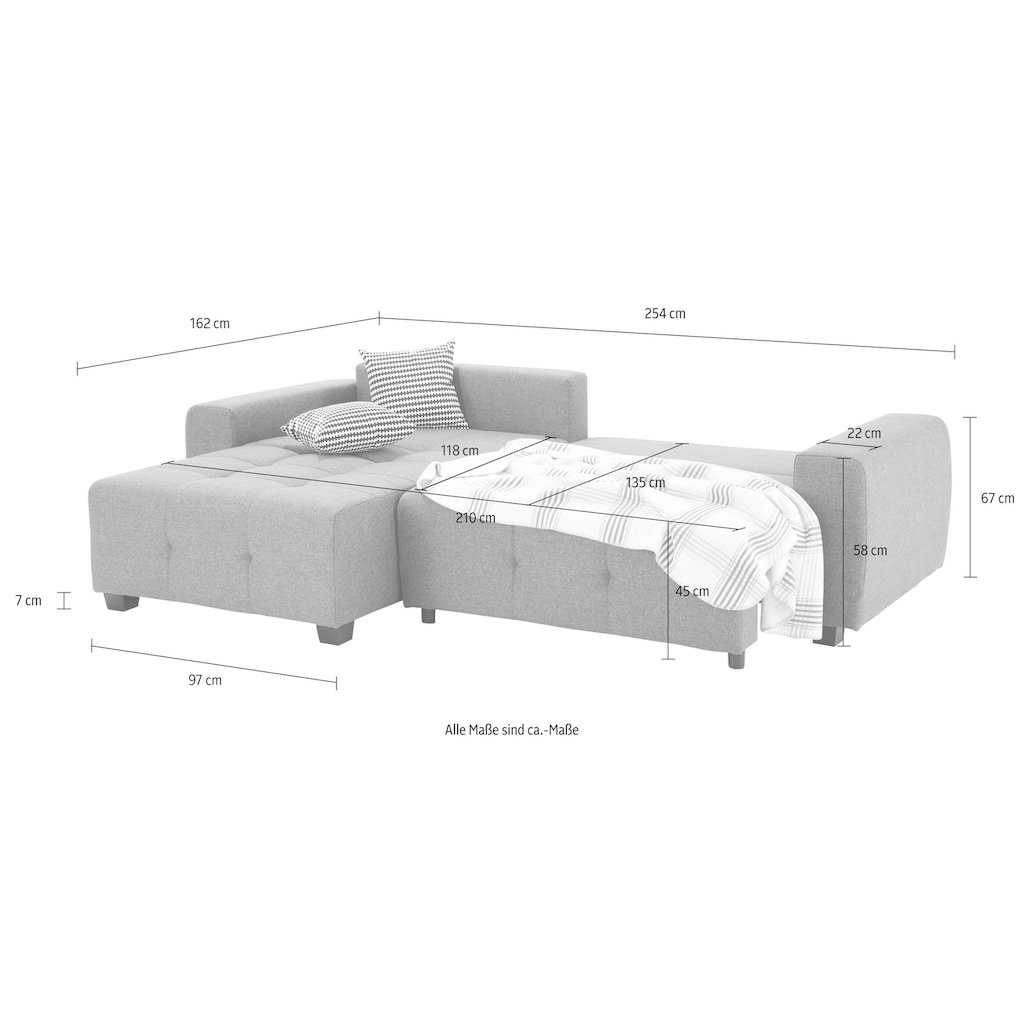 Home affaire Ecksofa Bella, wahlweise mit Bettfunktion und Bettkasten, inkl. Rücken- und Zierkissen