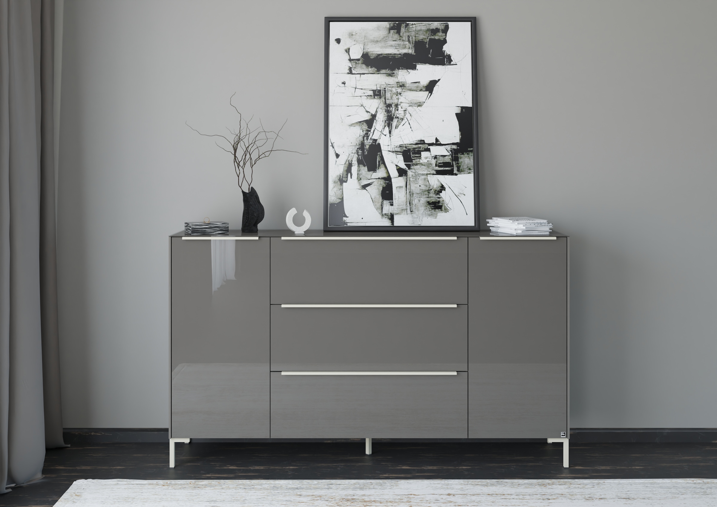 Sideboard, B:182cm H:108cm T:42cmanthrazit matt lack, glas anthrazit glanz, SET ONE BY MUSTERRING, Glas, Holzwerkstoff, Wohnzimmer, Sideboards,
