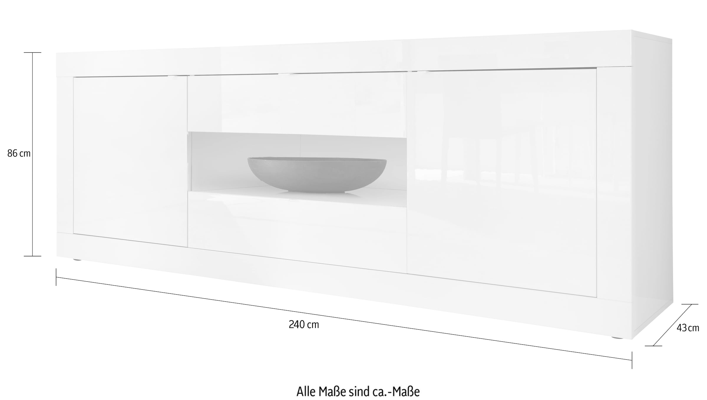 INOSIGN Sideboard »Basic Breite 240 cm, Kommode 2 Türen, 2 Schubkästen, Anrichte,«, Weiss HochglanzLack, Metallgriff, moderne Rahmenoptik, viel Stauraum