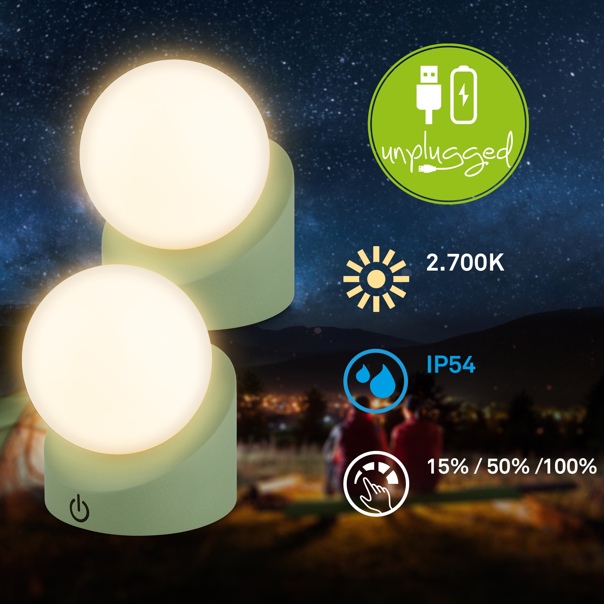 Briloner Leuchten LED Außen-Tischleuchte »SORA« LED-Board 2 Stk. Warmweiß kabellos 10x8x9cm Lindgrün 2W Kinderzimmer Flur Outdoor Aussen 2er-Set