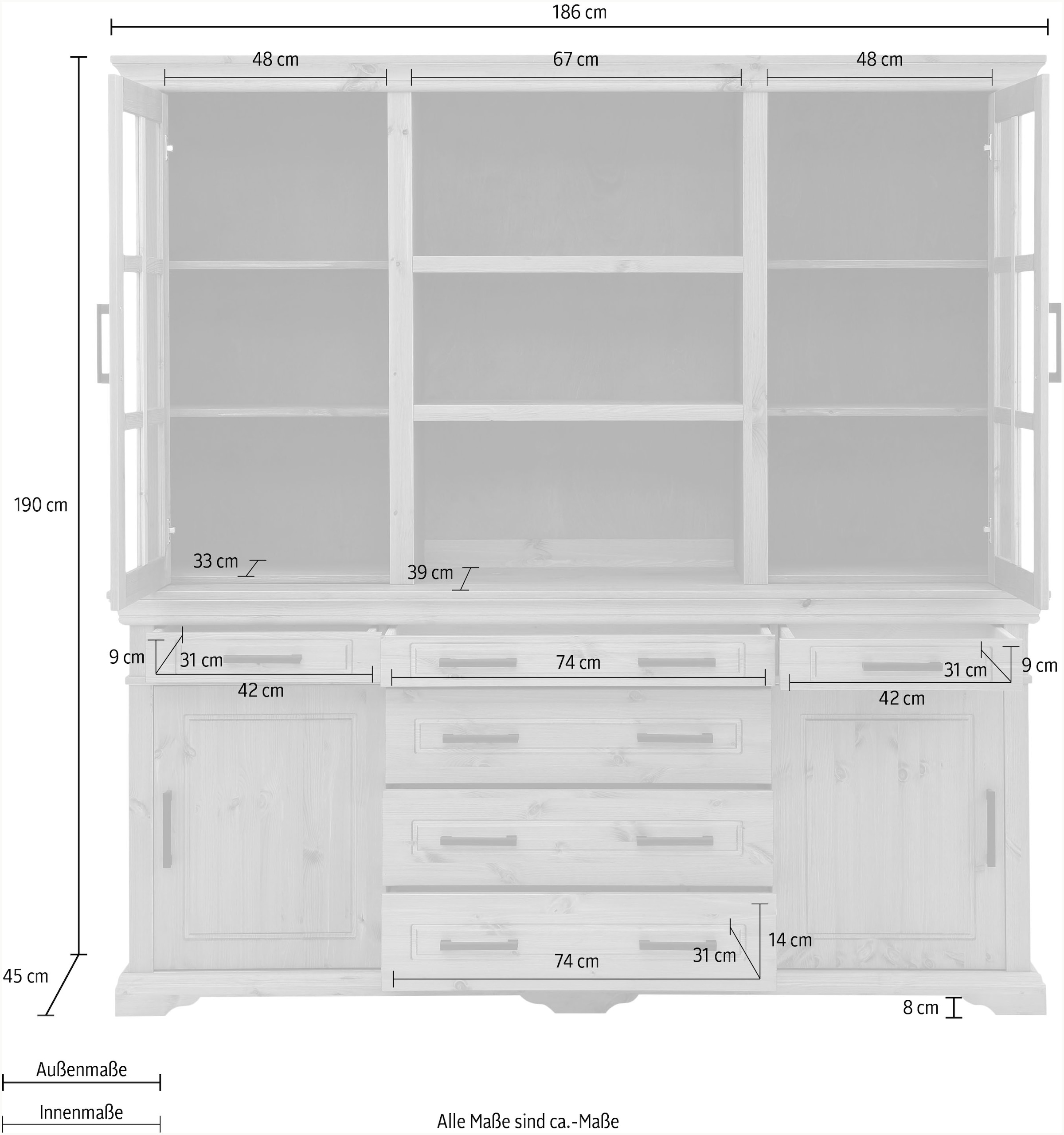 Home affaire Buffet »Anabel, mit Glastüren und Metallgriffen«, Küchenbuffet aus massiver Kiefer, mit Schiebetüren, B/H 186/190 cm