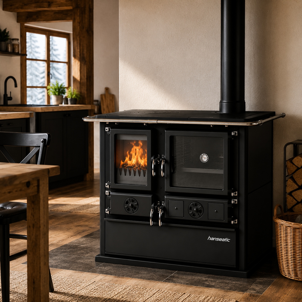 Hanseatic Festbrennstoffherd »Cook Premium Pure Black, Exklusiv, Lieferung bis in die Küche« Küchenofen, Ofenherd zum Heizen, Kochen & Backen