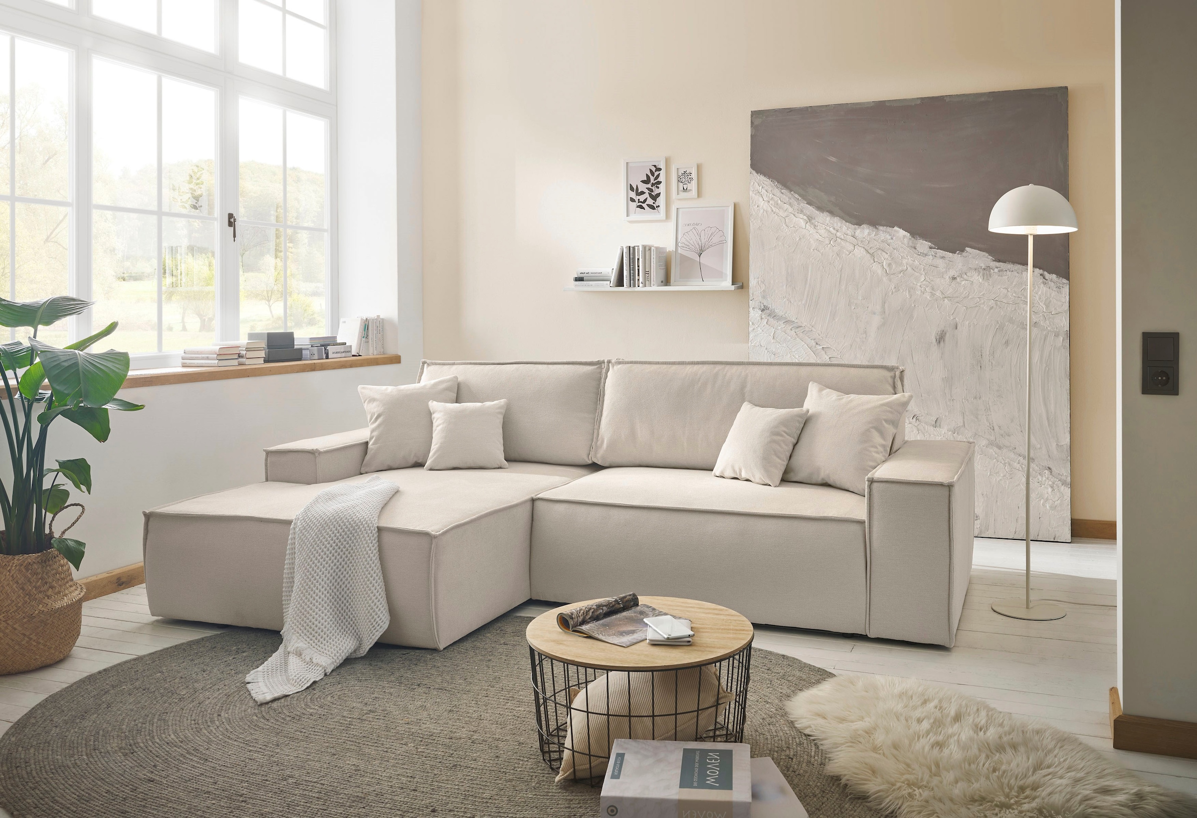 andas Ecksofa »Finnley Schlafsofa 267 cm in Bouclé, Struktur fein u. Cord, L-Form,«, Schlaffunktion m. Bettkasten (136/210 cm), Bouclé, Struktur und Cord