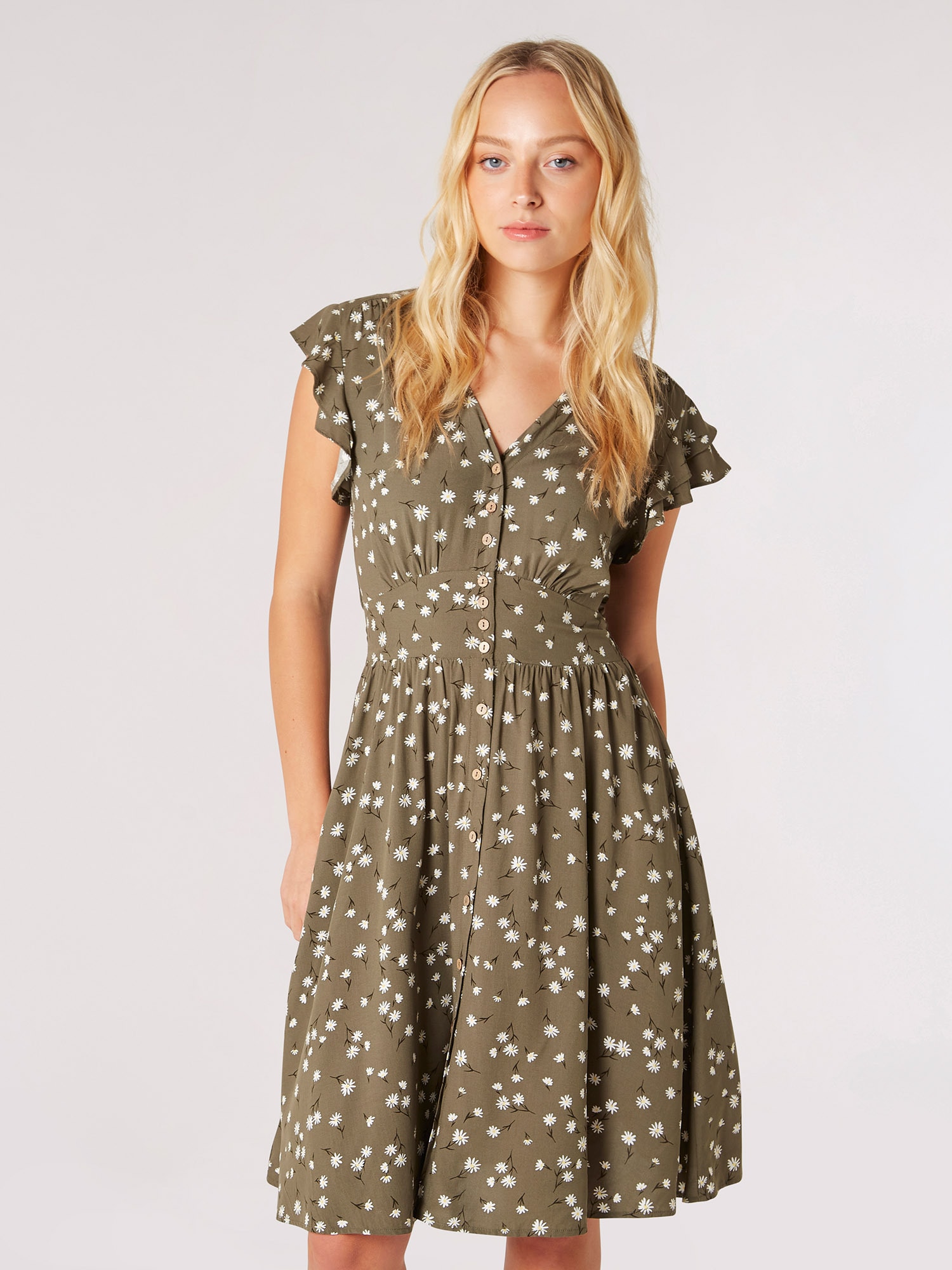 Apricot Druckkleid "Florales Sommerkleid" mit Knopfleiste