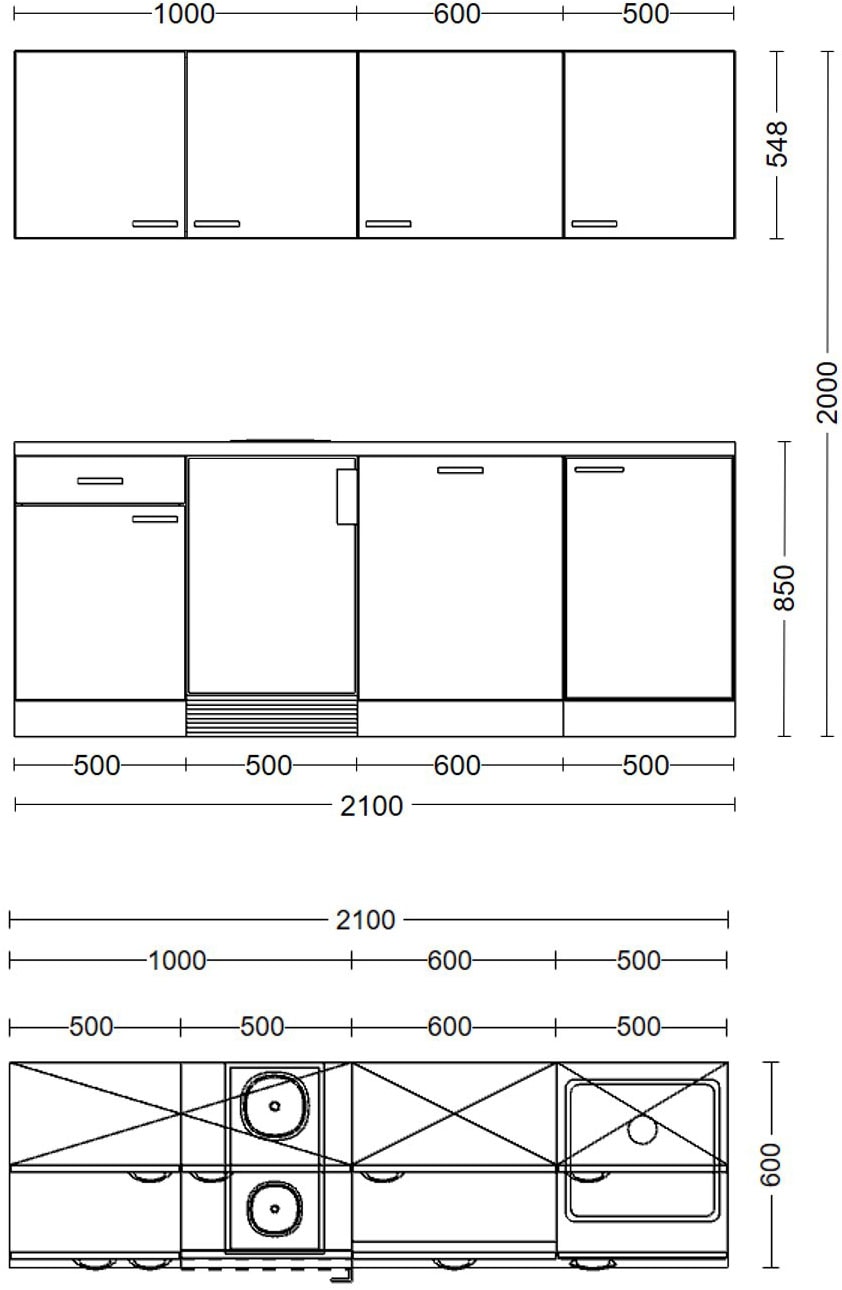 Flex-Well Küchenzeile »Morena, Breite 210 cm, inkl. Geschirrspüler«, Officeküche, wahlweise mit 2 Plattenkochfeld und/oder Mikrowelle