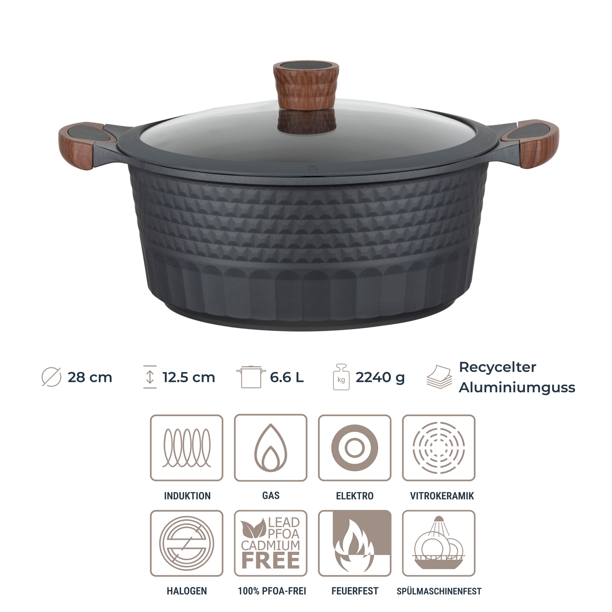 RESTO Kitchenware Topf-Set »Capella mit Deckel, antihaftbeschichtet und spülmaschinenfest«, Aluminiumguss, (Set, 6 tlg., 1x Stielkasserolle Ø 16 cm, je 1x Bratentopf Ø 24 cm + Ø 28 cm), Für alle Herdarten geeignet, auch Induktion, im Geschenkkarton