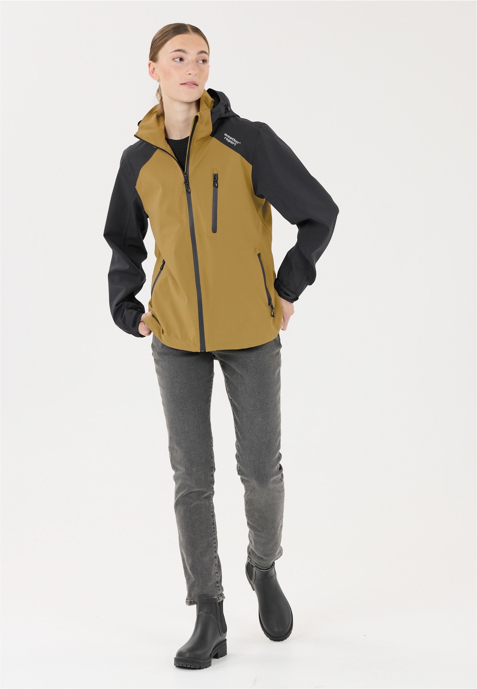 Outdoorjacke WEATHER REPORT "CAMELIA W-PRO15000", Damen, Gr. 34, braun, schwarz, 94% Polyester, 6% Elasthan, bedruckt, mehrfarbig, normal, ohne Ausschnitt, Jacken Outdoorjacke, mit wasserdichter Beschichtung